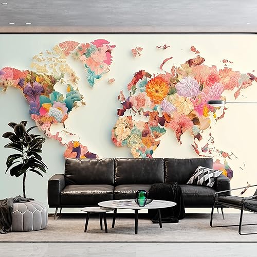 Miniatura 3 de Papel tapiz con diseño de mapa del mundo con flores de primavera, países y océanos, decoración mural extraíble para el hogar y la oficina, despegar