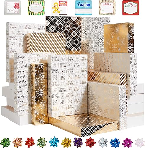 JOYIN 12 cajas de regalo de camisa de Navidad, 15 x 10 x 2 pulgadas, 6 cajas de regalo de camisas con diseños de pintura laminada dorada, caja de