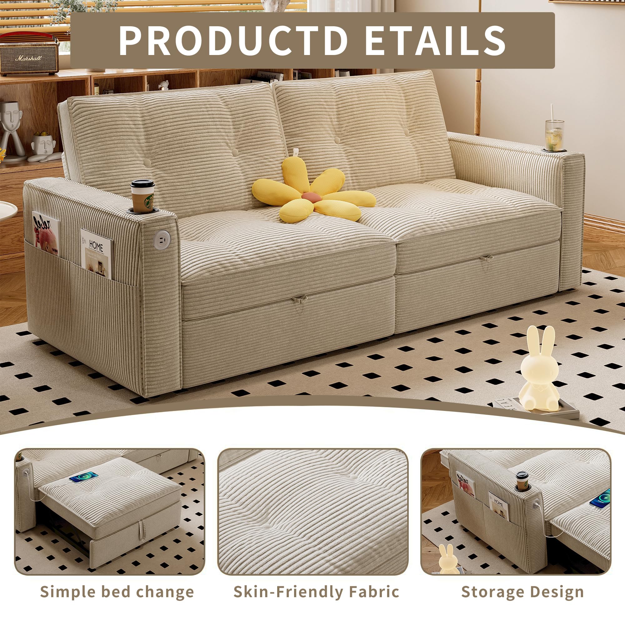 73.2'' Sleeper Sofa Full Size, Pre-Assembled Corduroy Futon, Beige | Convertible Pull Out Couch with Adjustable Backrest, Cup Holders, Pockets, USB, Loveseat for Living Room, Apartment