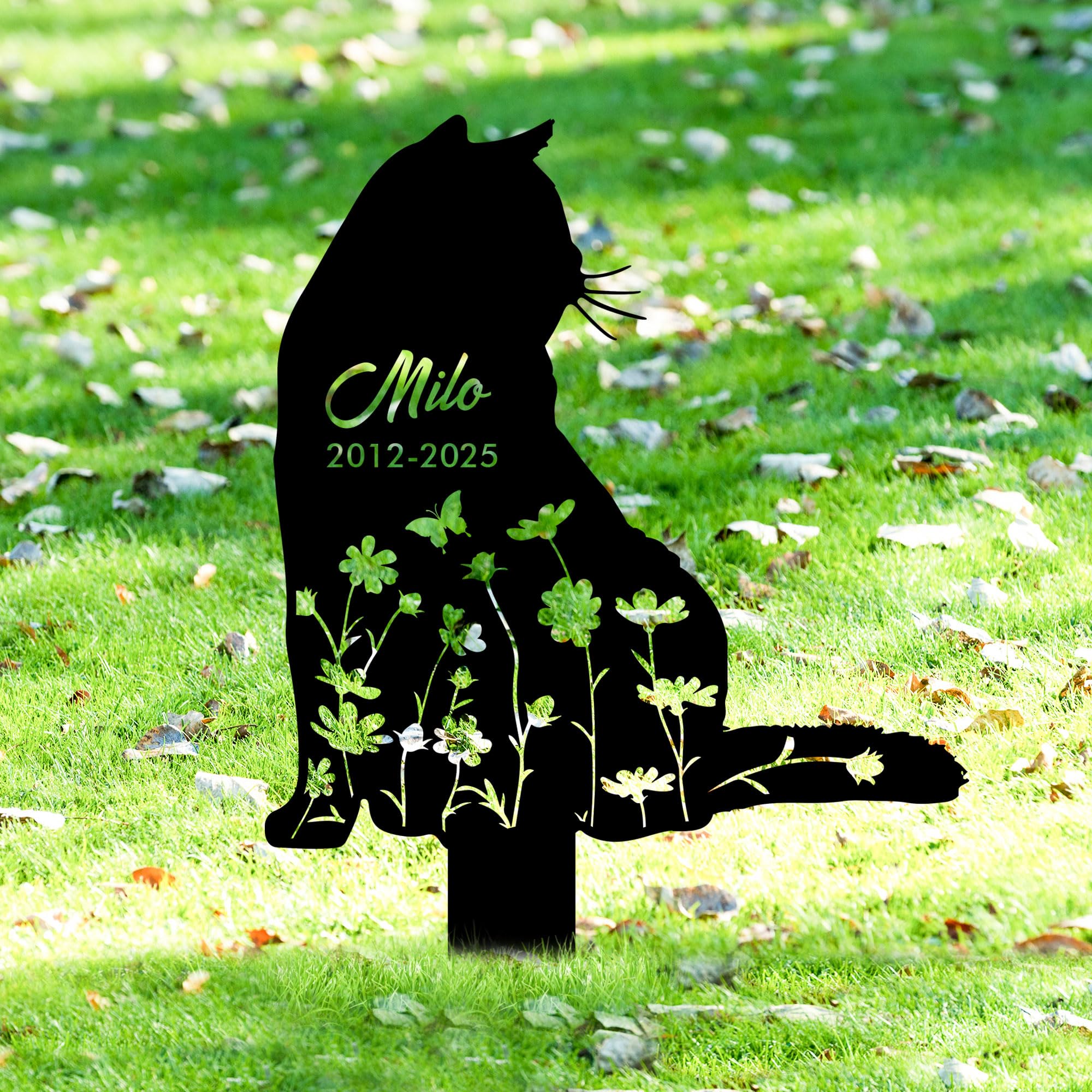 GMDLSK Personalized Cat Memorial Garden Stake - Custom Metal Grave Marker with Floral Engraving - Outdoor Pet Tombstone for Cemetery Decor - Durable Black Cat Headstone Memorial Gift
