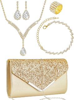 Henoyso 5 Pcs Rhinestone Jewelry Set Clutch Purse for Women Prom
