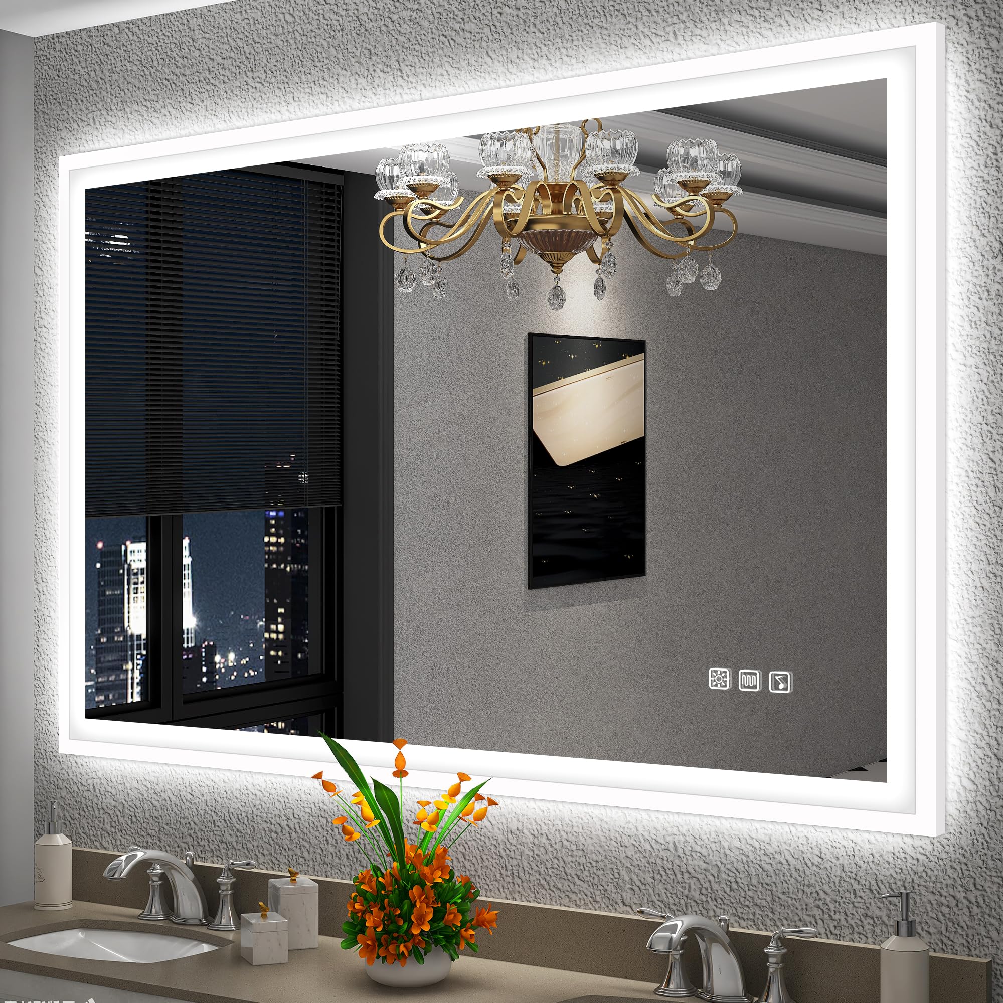 S'bagno Bluetooth-Espejos-Baño-con-Luz-Led 1000x700mm, Espejos de Baño con Led con Marco de Aluminio Blanco, IP44 Espejo Baño Led con Función Antivaho/ 3 Colores de Luz/Regulable/Memoria