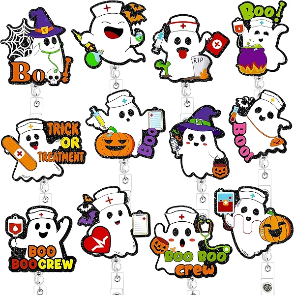 12PCS Halloween Badge Reel with Clip Ghost Retractable Badge Holder for Nurse Gift RN EN Paramedic Medical Office