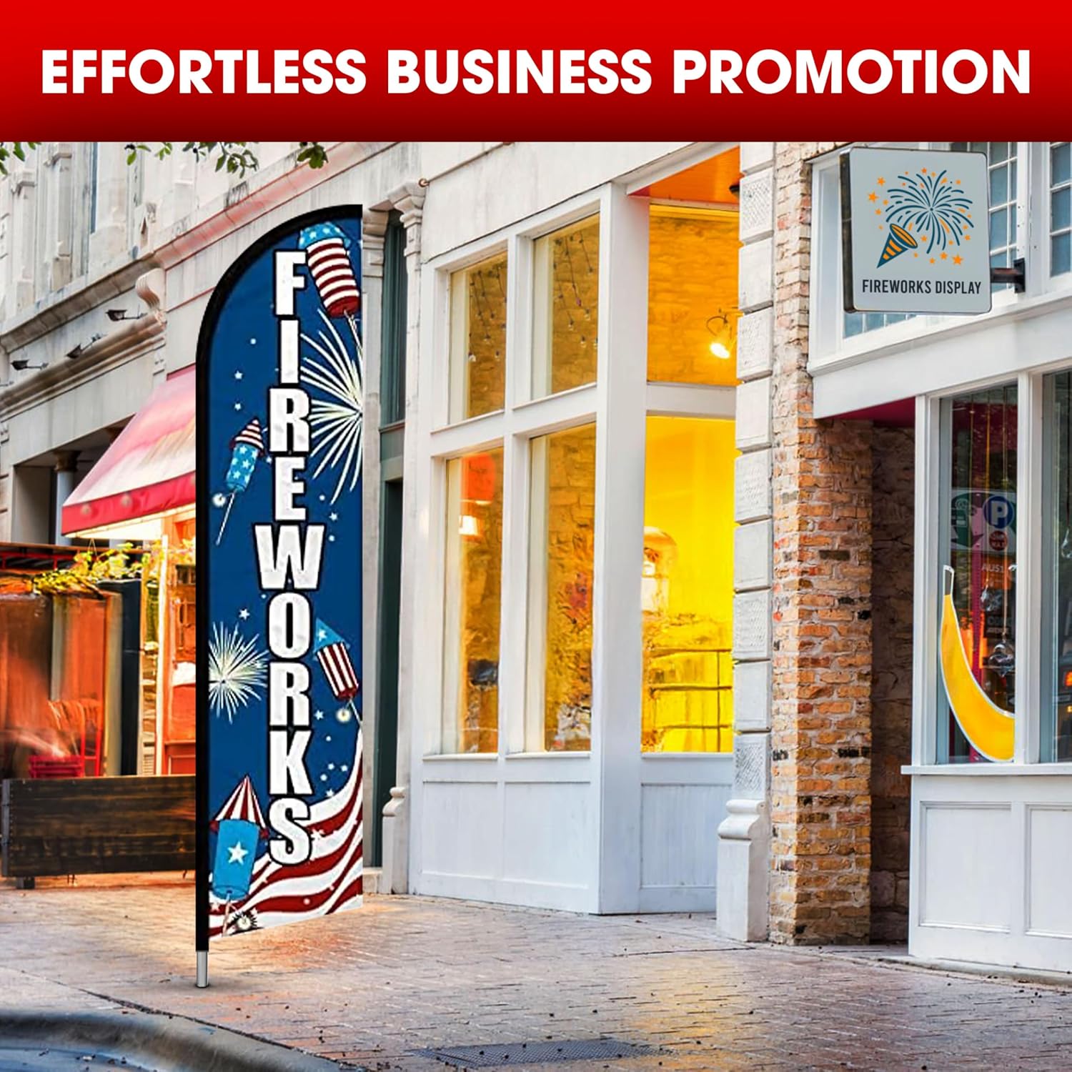 Fireworks USA Flags – Pack of 3 | 3 ft x 11.5 ft Outdoor Advertising Banner Flags for Business | Weatherproof Polyester (With Complete Hybrid Pole Set)