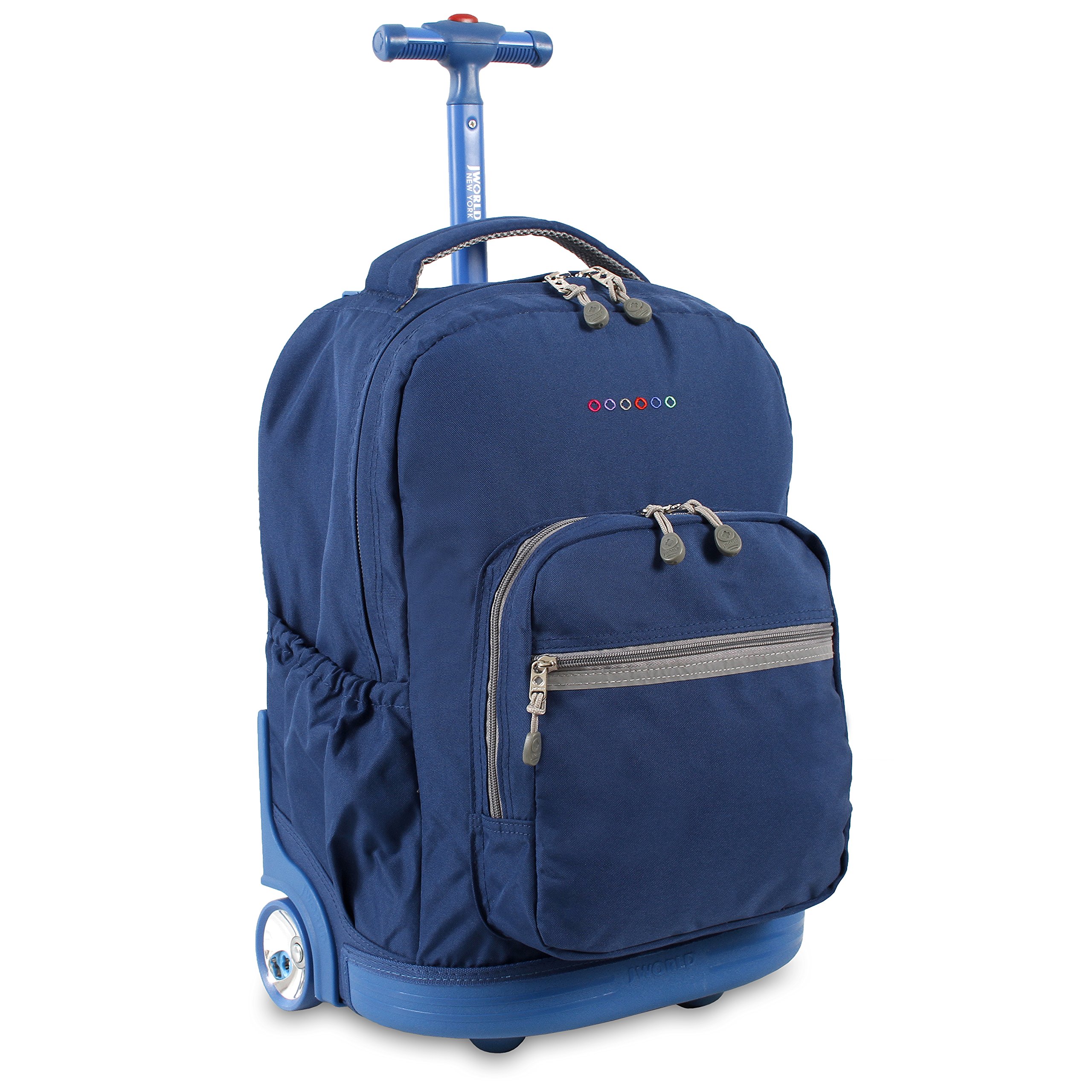 j world new york sunrise rolling backpack. roller bag with wheels, indigo, 18"