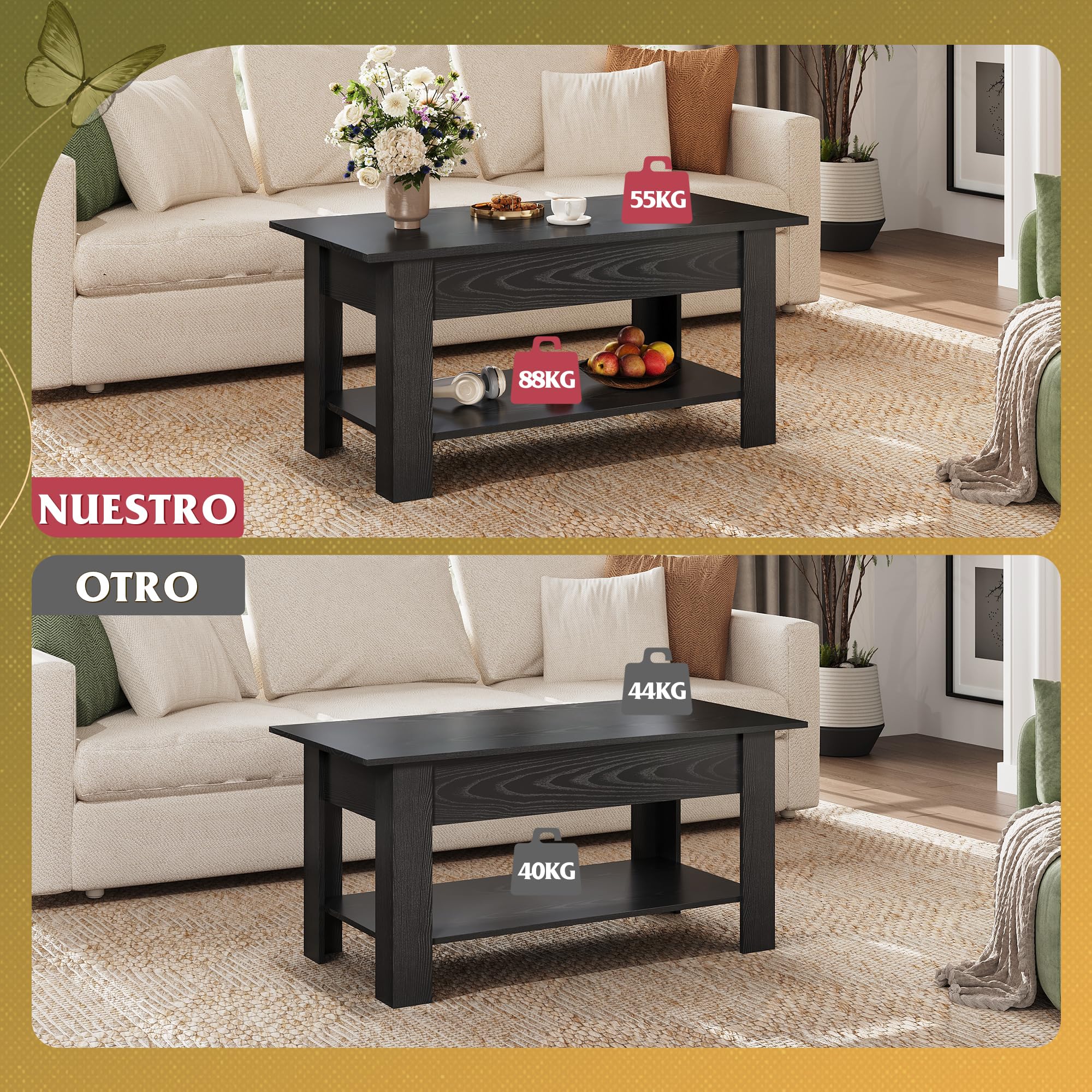 WLIVE Mesa de Sofá Centro con revistero, Mesa de Café elevable, Medidas: 100 cm (Largo) x 45/60cm (Alto) x 48 cm (Fondo) (Negro Carbón)