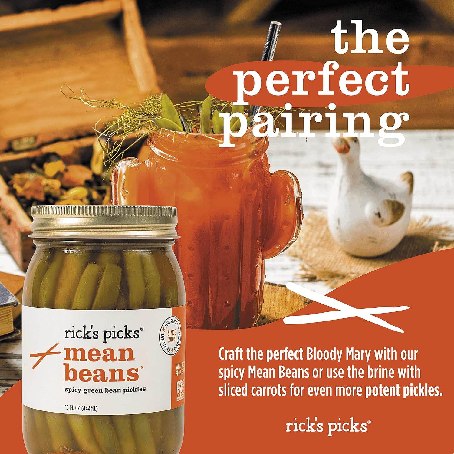 Rick's Picks Mean Beans - Spicy Pickled Green Beans in a Jar | Dilly Beans Snack, Perfect Bloody Mary Garnish, Cocktail & Charcuterie Board | Non-GMO, Gluten-Free, Low Sodium | Artisanal Since 2004 (6 Jars)