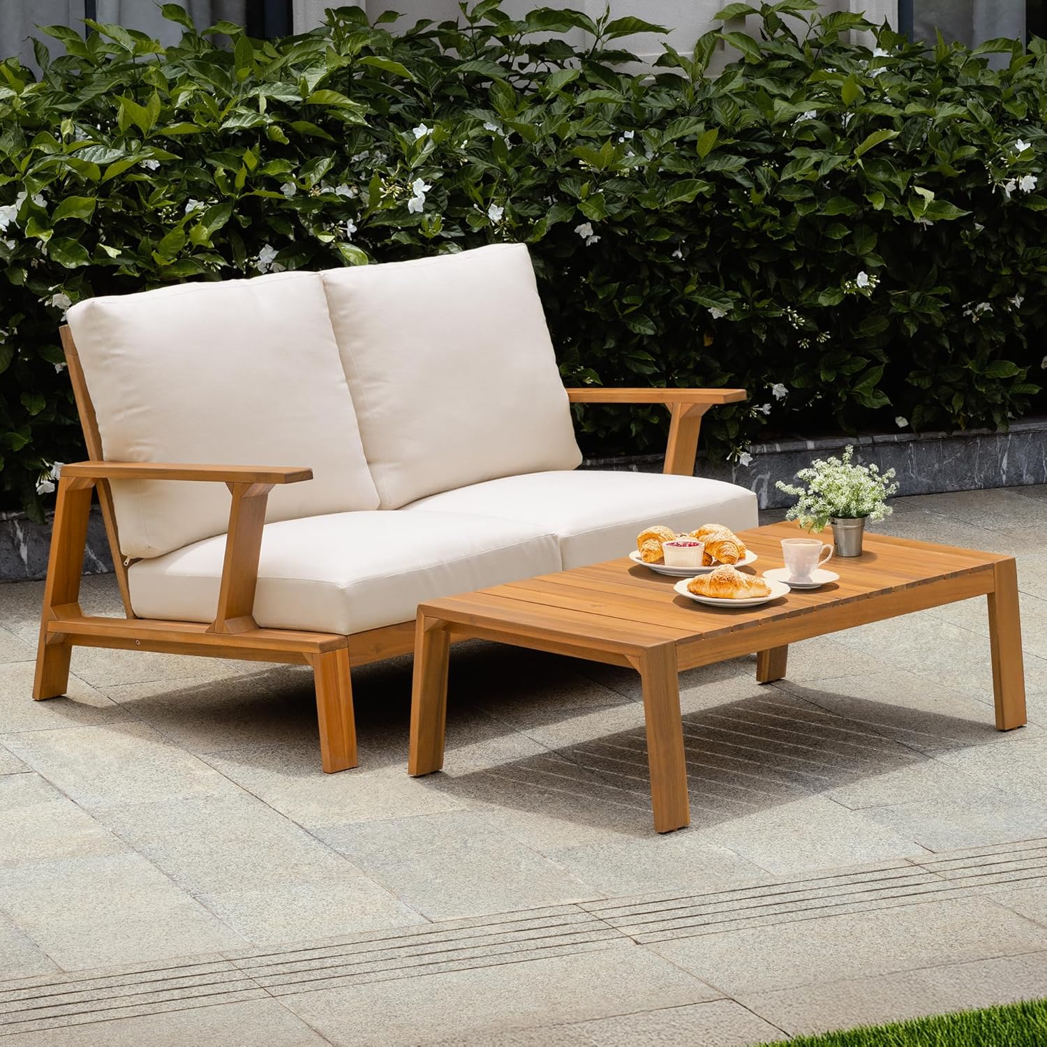 Idzo Jasper Solid Acacia Wood Loveseat Patio Set with Beige Cushions & Coffee Table – Modern Outdoor Furniture for Poolside, Garden, or Deck