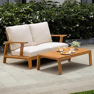 Idzo Jasper Solid Acacia Wood Loveseat Patio Set with Beige Cushions & Coffee Table – Modern Outdoor Furniture for Poolside, Garden, or Deck