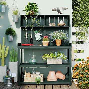 KUIKUI Potting Table, Outdoor Potting Bench with 4 Storage Shelves and Side Hook, Gardening Tables for Outdoors, 46.9x19.3x65inch, Forest Green