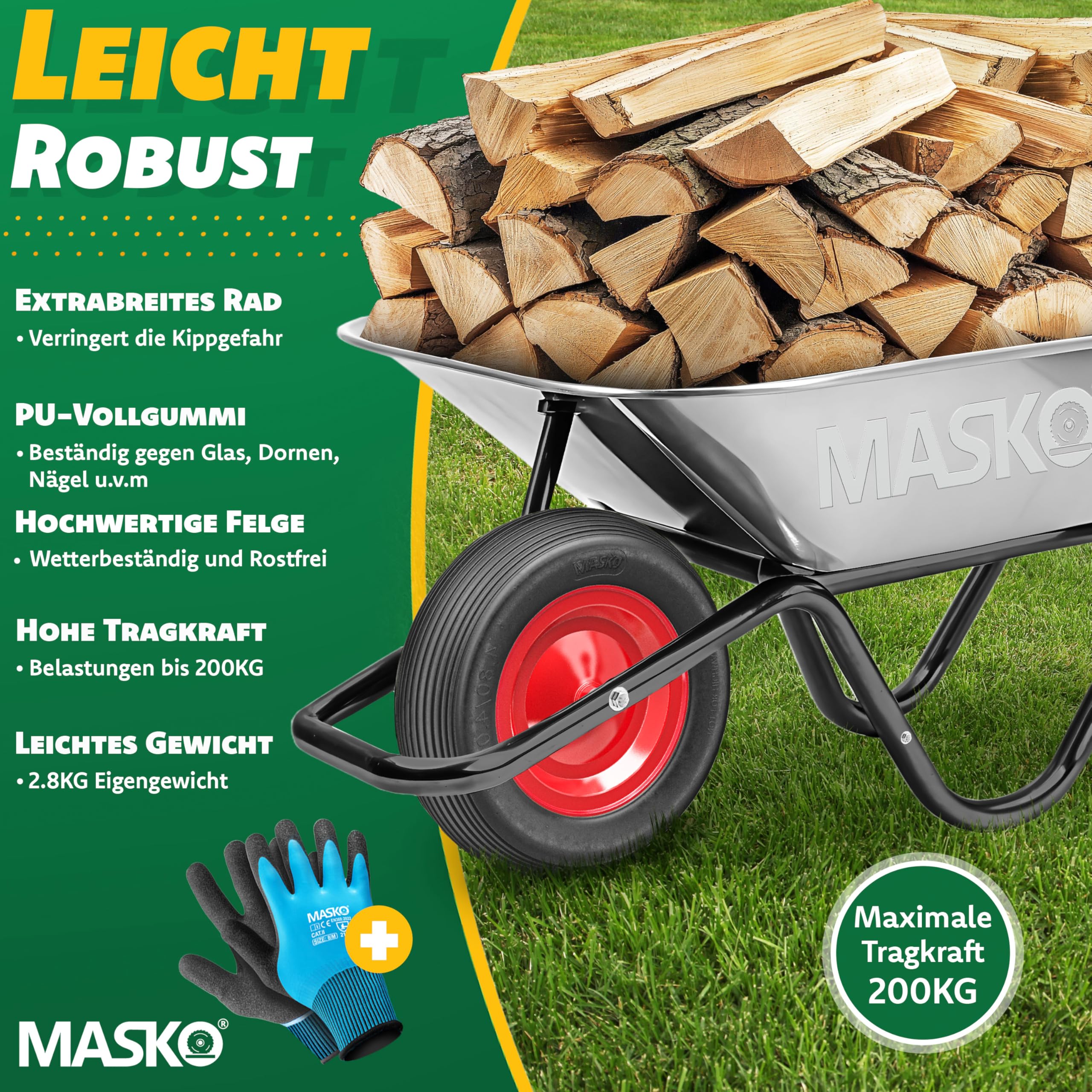 MASKO® Rueda de Carretilla de PU 200 kg sin aire 4.80/4.00-8 Ø 390mm Eje de Repuesto para Rueda de Goma de Acero Neumático sin aire para Carretilla de Jardín Rueda de PU Antipinchazos Negro/Rojo