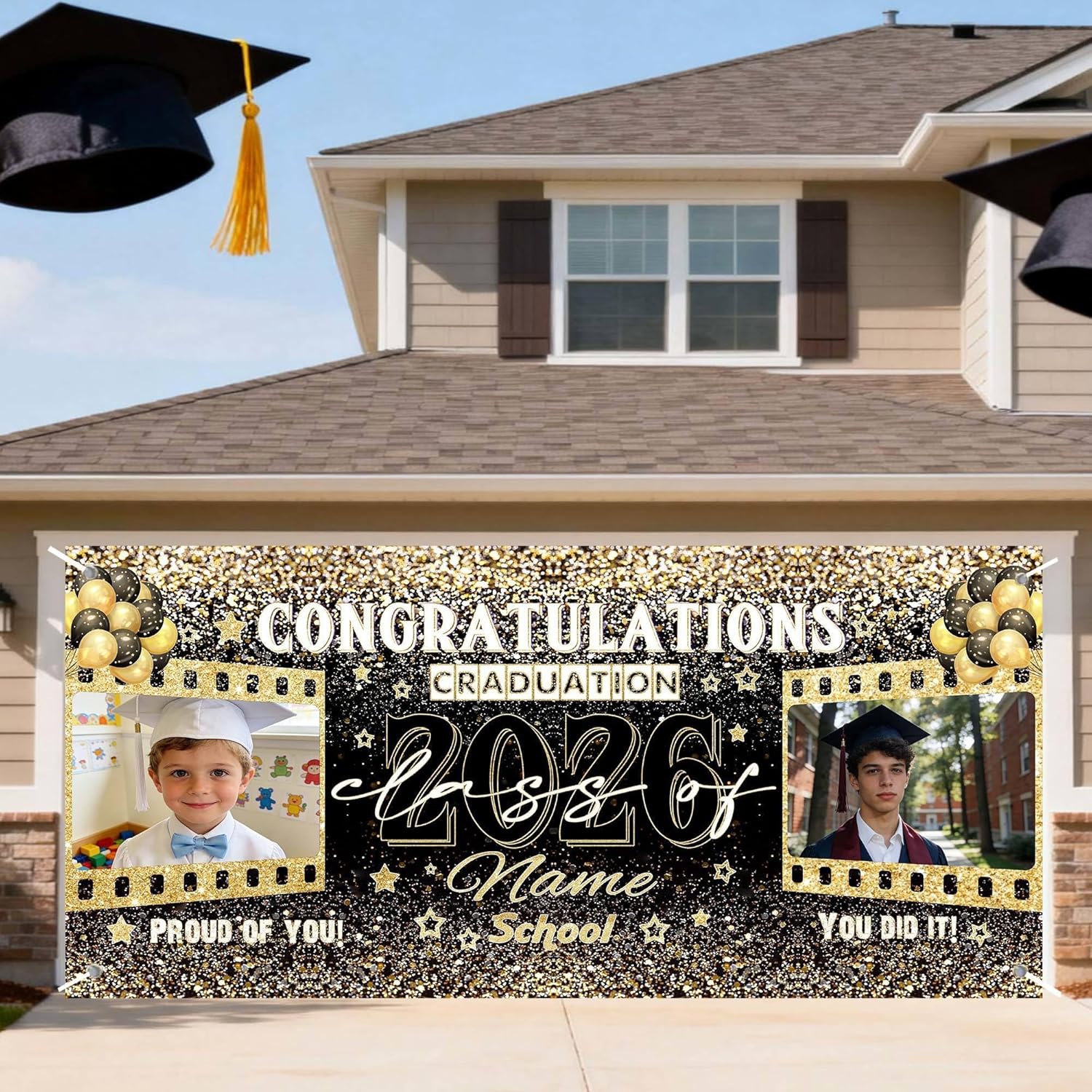 Personalized Graduation Garage Door Cover Black Gold Graduation Decorations Congratulations Banner Class of 2026 Custom Photos Name School Congrat Grad Party Decor for Outdoor Garage Door 16X7FT
