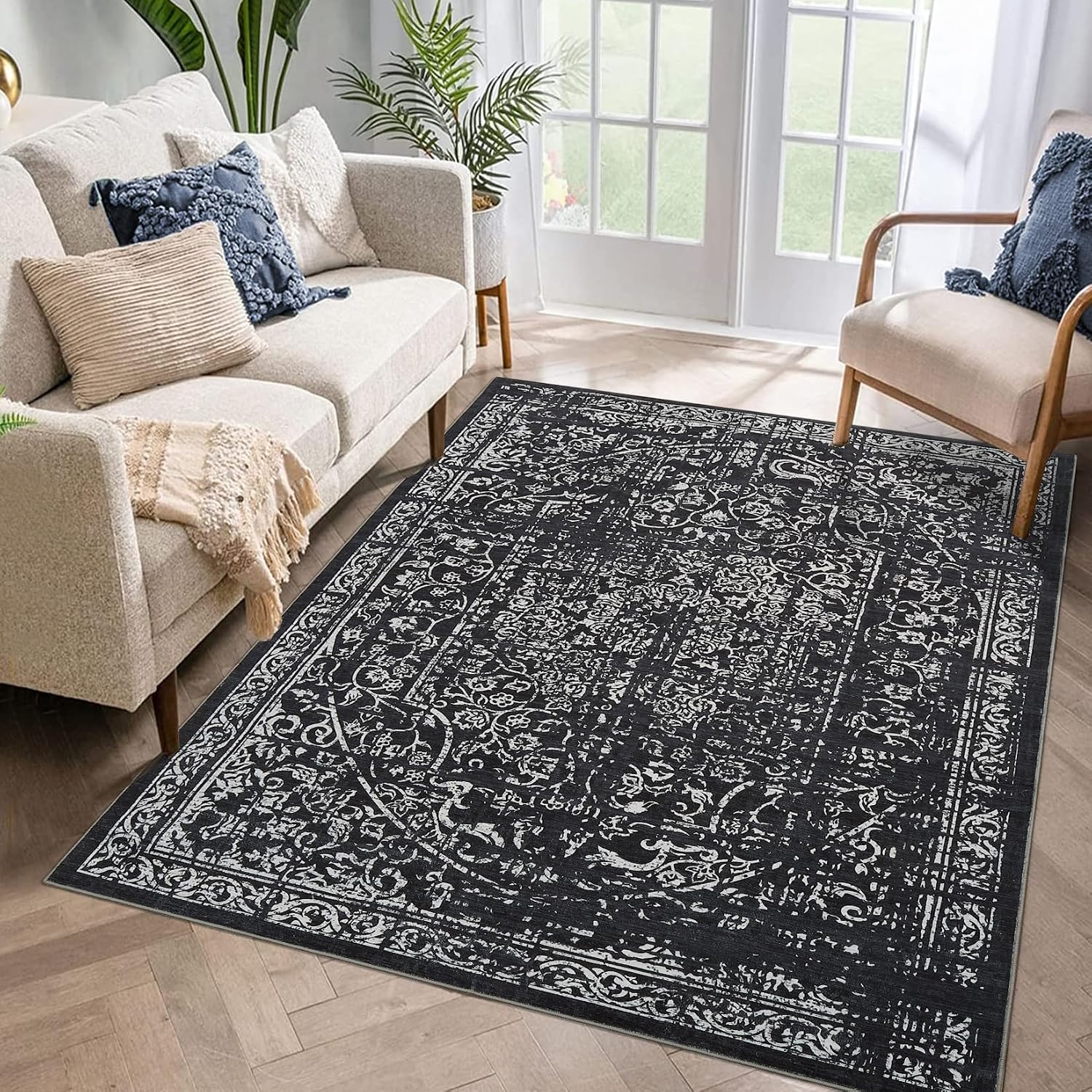 Black Area Rug 9x12 Indoor Vintage Living Room Large Washable Carpet Oriental Distressed Floral Retro Bedroom Rug Traditional Accent Throw Rug for Office Dining Room