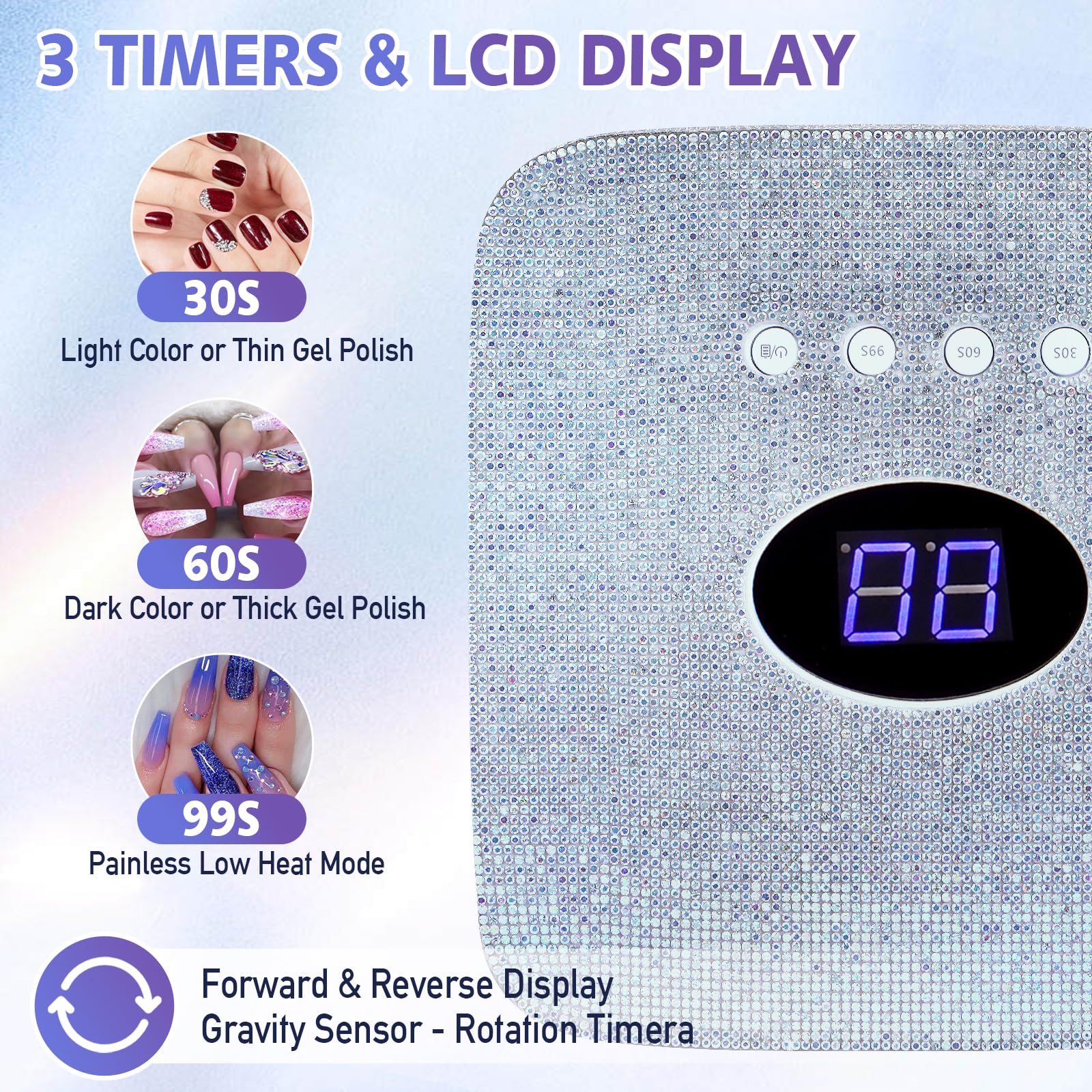 AZ GOGO Lámpara de uñas profesional recargable, 72W Lámpara UV/LED para uñas, secadora de uñas para gel, 3 temporizadores (30/60/99s) con strass, ideal para manicura en casa o salón
