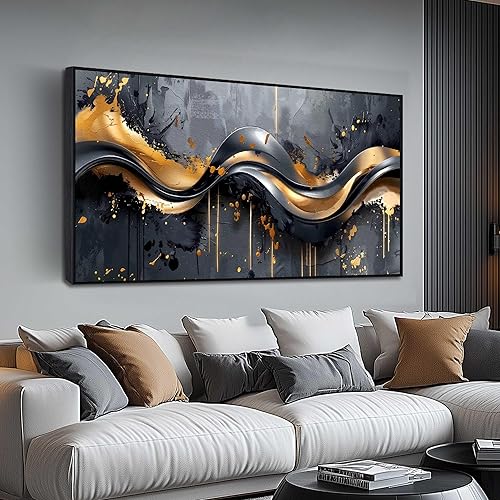 Elegante arte de pared negro y dorado de 29 x 59 pulgadas, lienzo para decoración de oficina, sala de estar, elegante obra de arte grande para