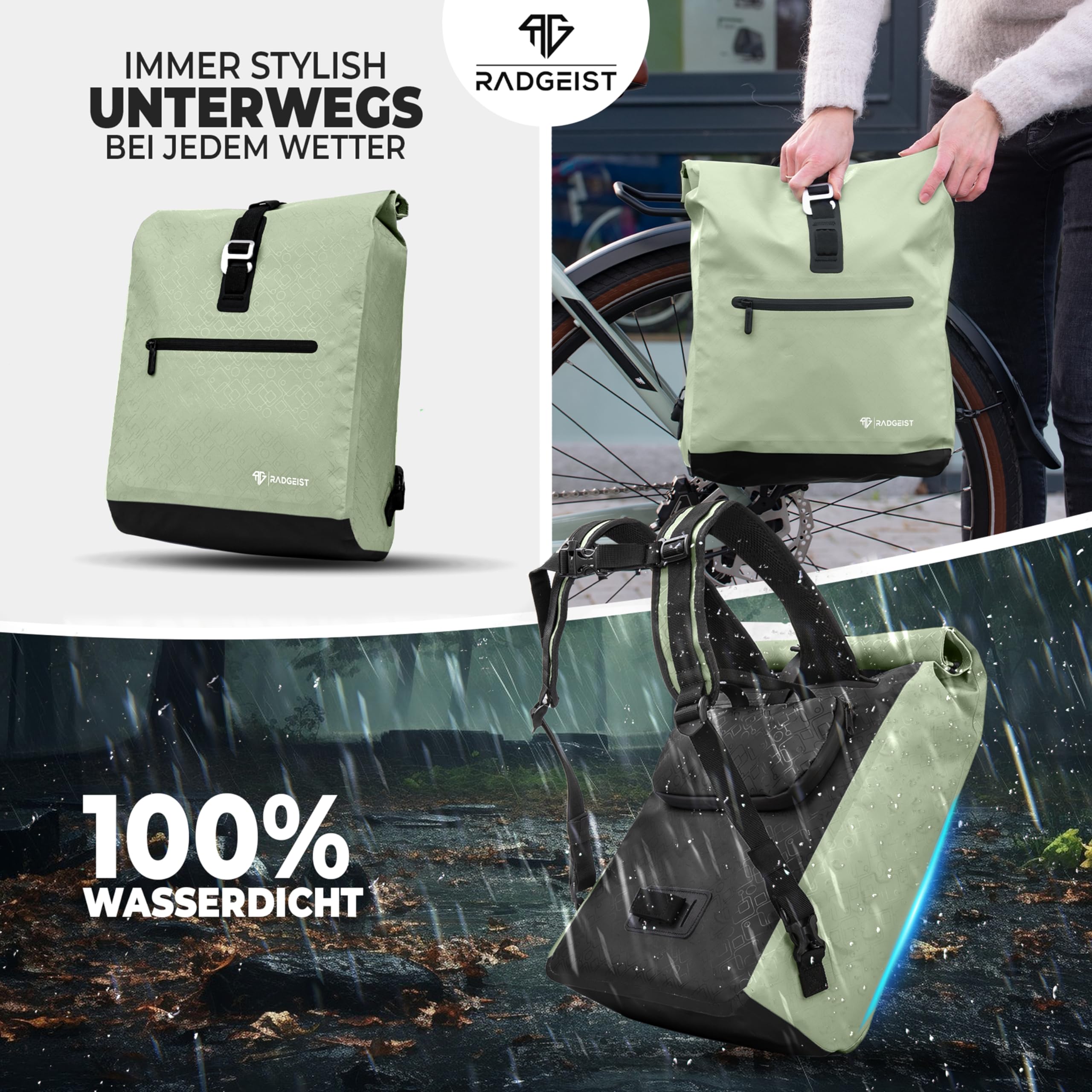 RADGEIST Fahrradtasche für Gepäckträger I Gepäckträgertasche & Rucksack I Fahrradtasche für Damen & Herren I Umhängetasche & Gepäcktasche für Fahrrad 20L Mint