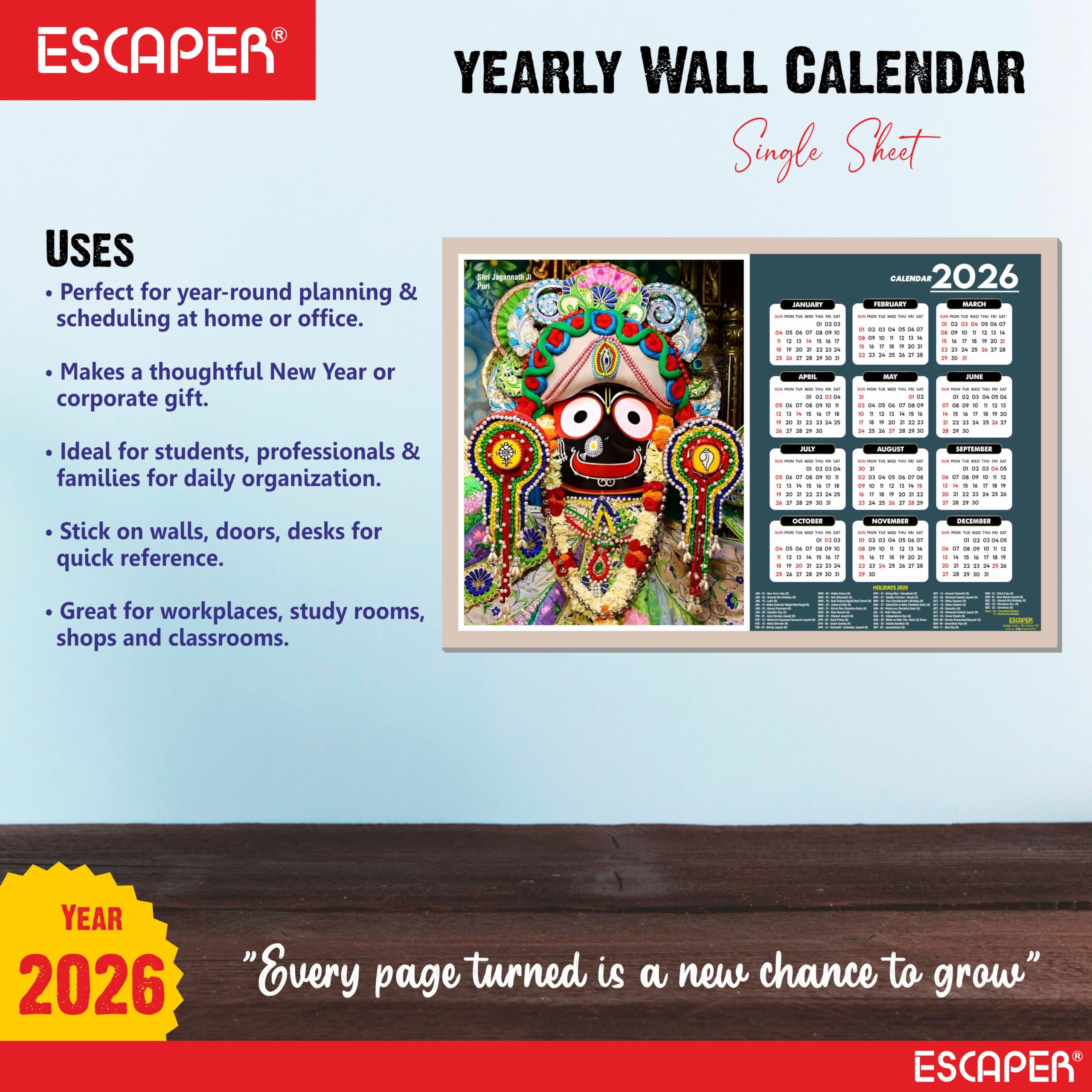 ESCAPER Jagannath Ji Wandkalender 2026 - 45 x 30 cm, Jagannath Tempel & Fotos, Hindu-Gott Religiöser Wandkalender für Zuhause, Büro & Pooja Zimmer