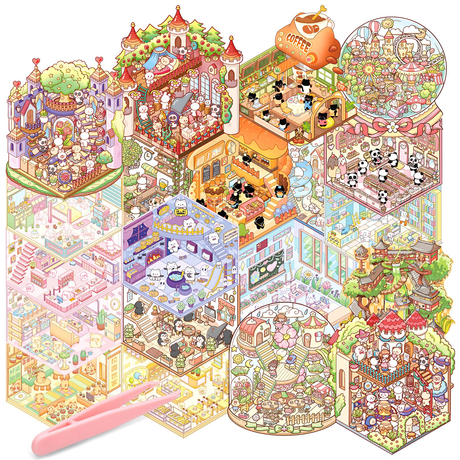 20Pcs DIY 3D House Stickers Kit Age 3-8 3D Miniature Scene Therapy for Kids 4 5 6 7 8 Year Old Stress Relief Sticker Scenes with Tweezers Creative Reusable DIY Sticker Therapy Kit for Age 3+ (Pink)