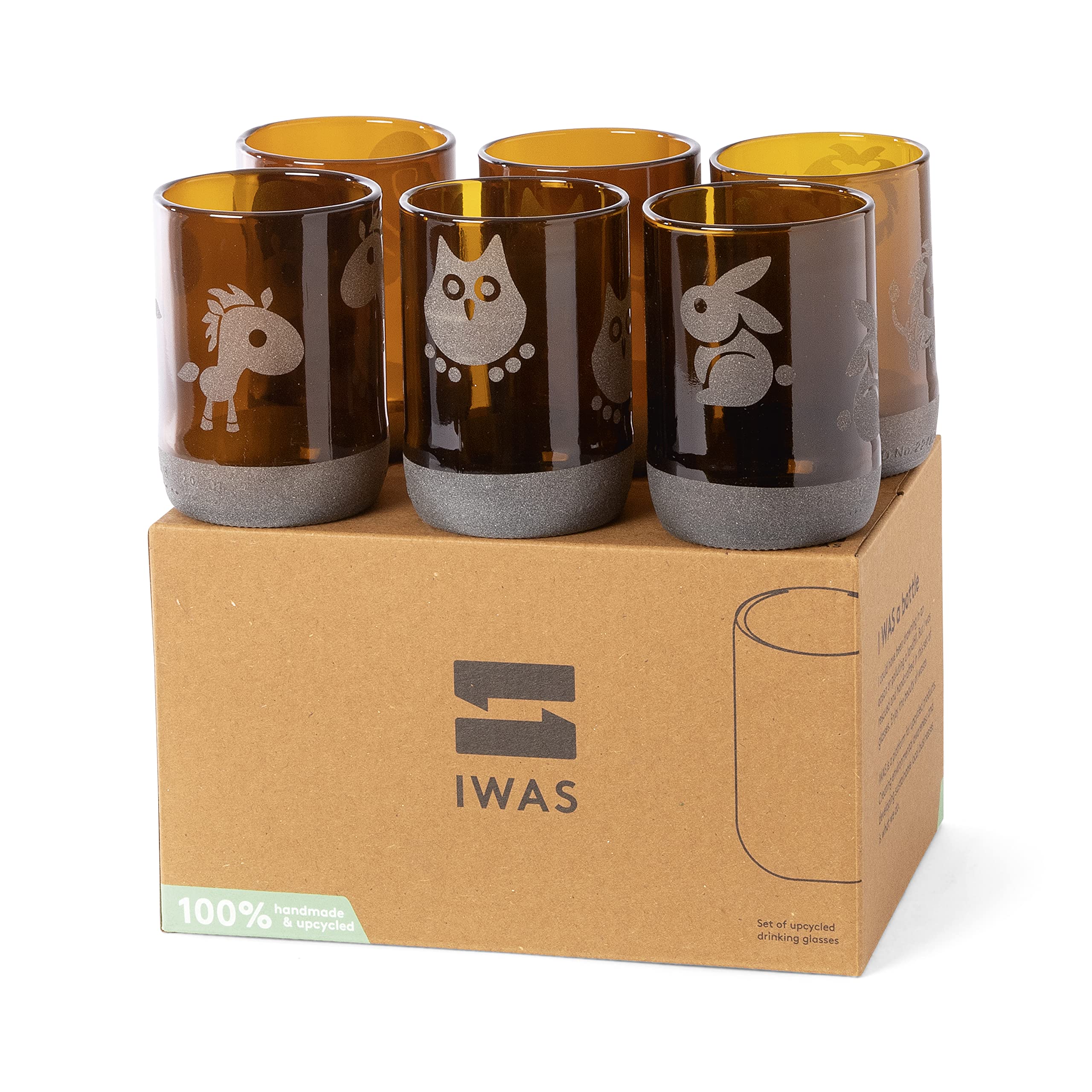 IWAS Upcycled Drinking Glasses Animal Collection Set | 300 ML | 10.14 OZ | Set of 6 | Sustainable Water Glasses for Kids
