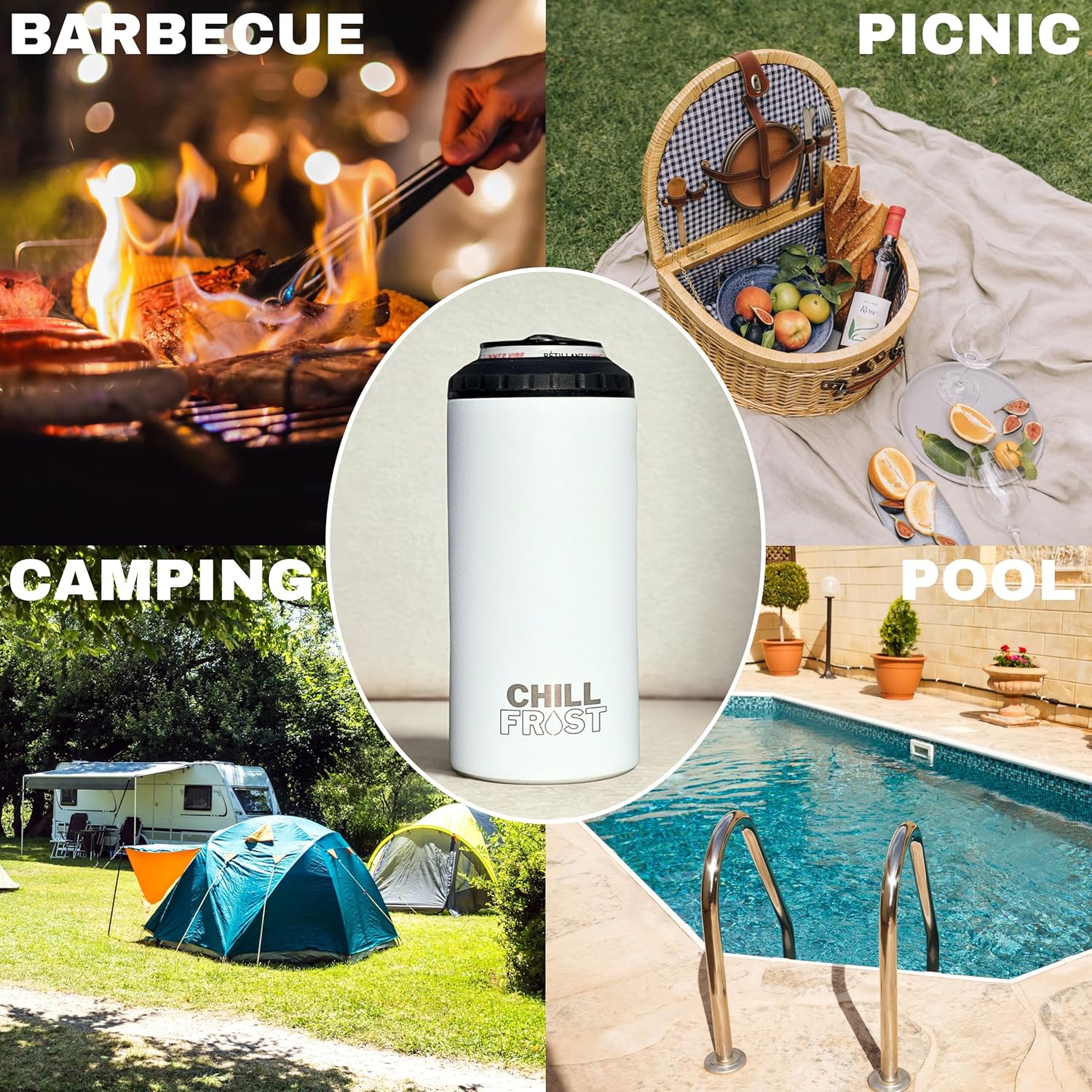 ChillFrost Can Cooler Insulated for 12 oz Cans, Beer Bottles, Soda Cans - Premium Stainless Steel 3-in-1 16oz Tumbler, White Powder-Coated Matte Finish, BPA-Free, Leak-Proof Lid, Outdoor Picnic Beach - Image 6