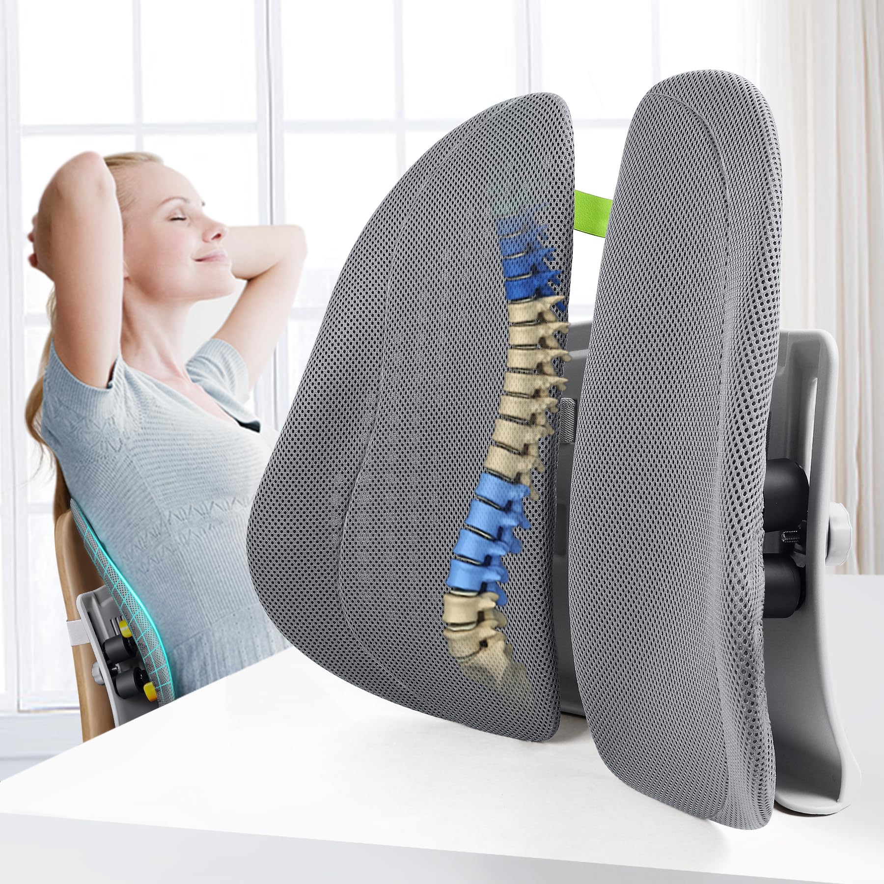 Cozyhealth Lumbar Support Pillow for Office Chair with Breathable Mesh, Elasticity Spring Lumbar Pillow Adjustable 5 levels Height Desk Chair Back Support Cushion Improve Posture, Low Back Pain Relief