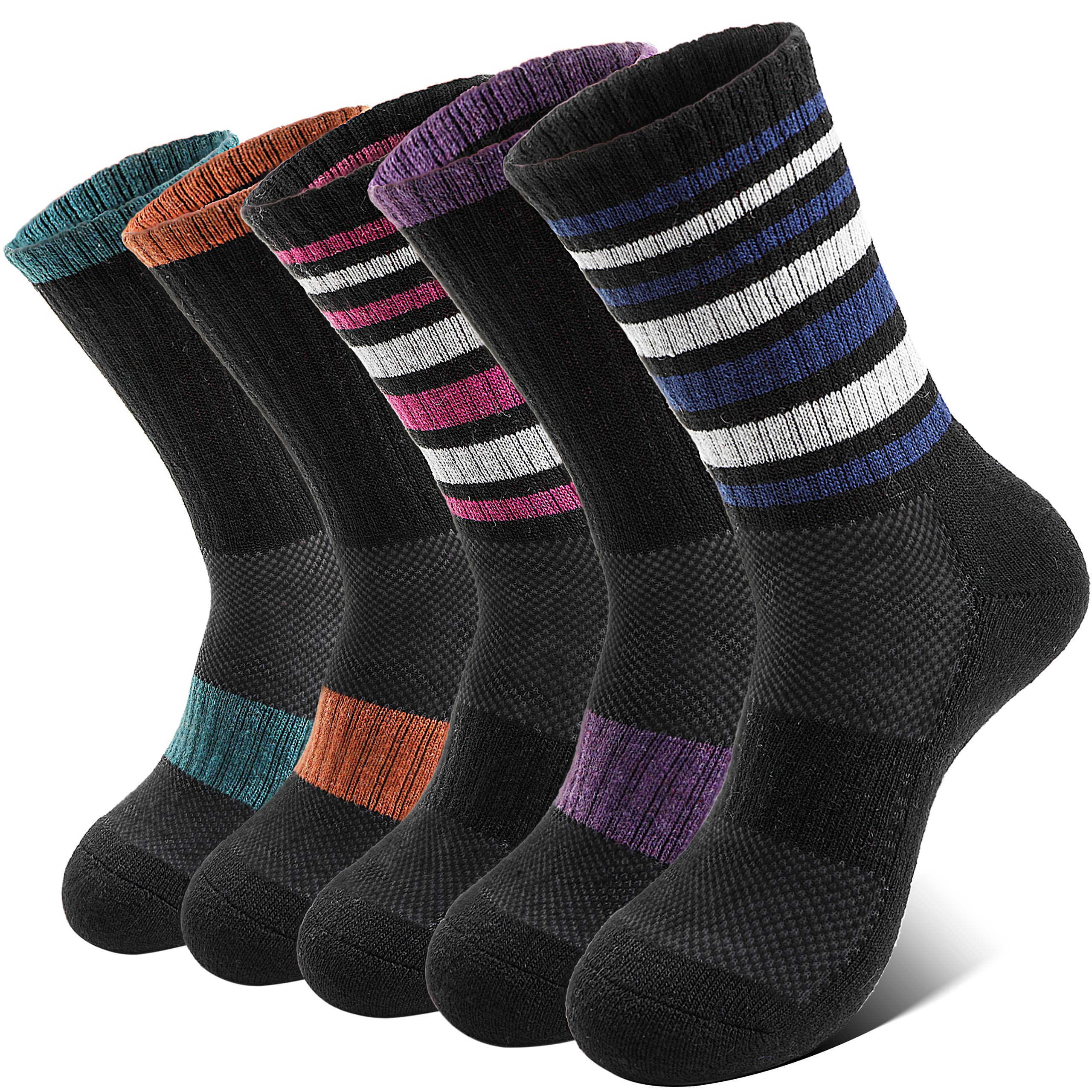 Anlisim Merino Wool Hiking Socks for Women Thermal Winter Warm Boot Work Cushion Gift Socks 5 Pairs(Black Stripe,(5 Pairs))