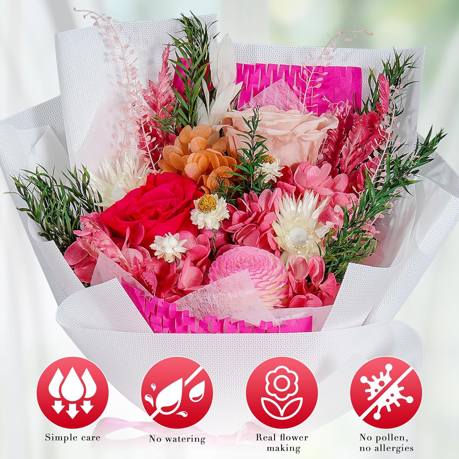 Loveliome Preserved Flowers Bouquet Natural Long Lasting Real Flowers, Forever Love Eternal Rose Flower Decorative, Anniversary Birthday Mothers Day Flowers, Hot Pink - Image 2