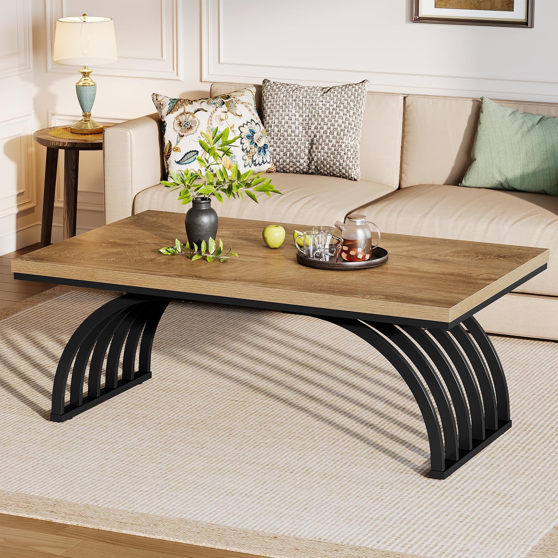 Tribesigns Mesa de centro de 120 cm, mesa de centro industrial con patas de metal, mesa de acento moderna de madera, mesa de té en casa oficina, color marrón claro