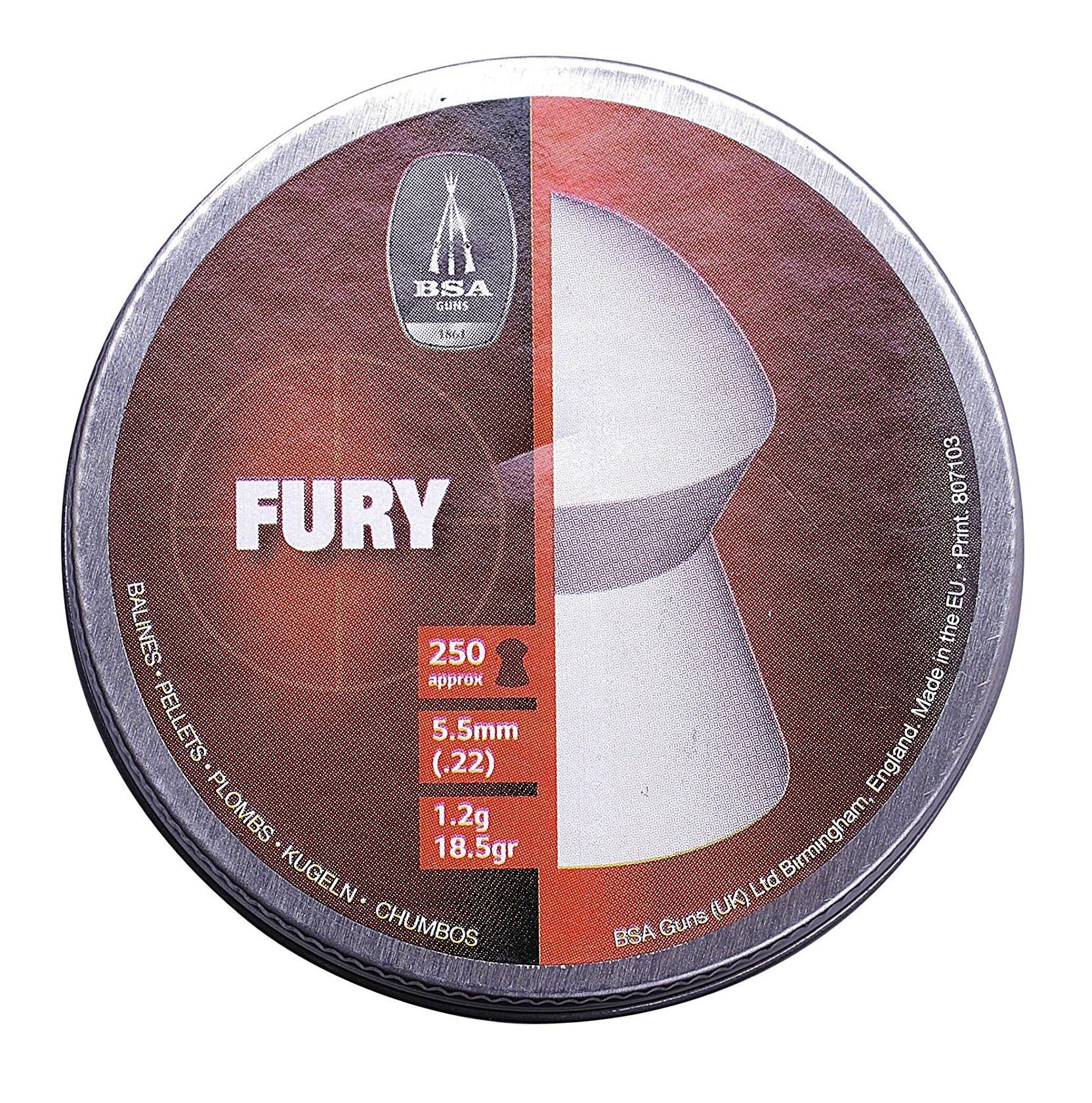 Tin of 250 BSA Fury .22 5.5mm heavy 1.2g air gun rifle pistol rat pigeon vermin pellets