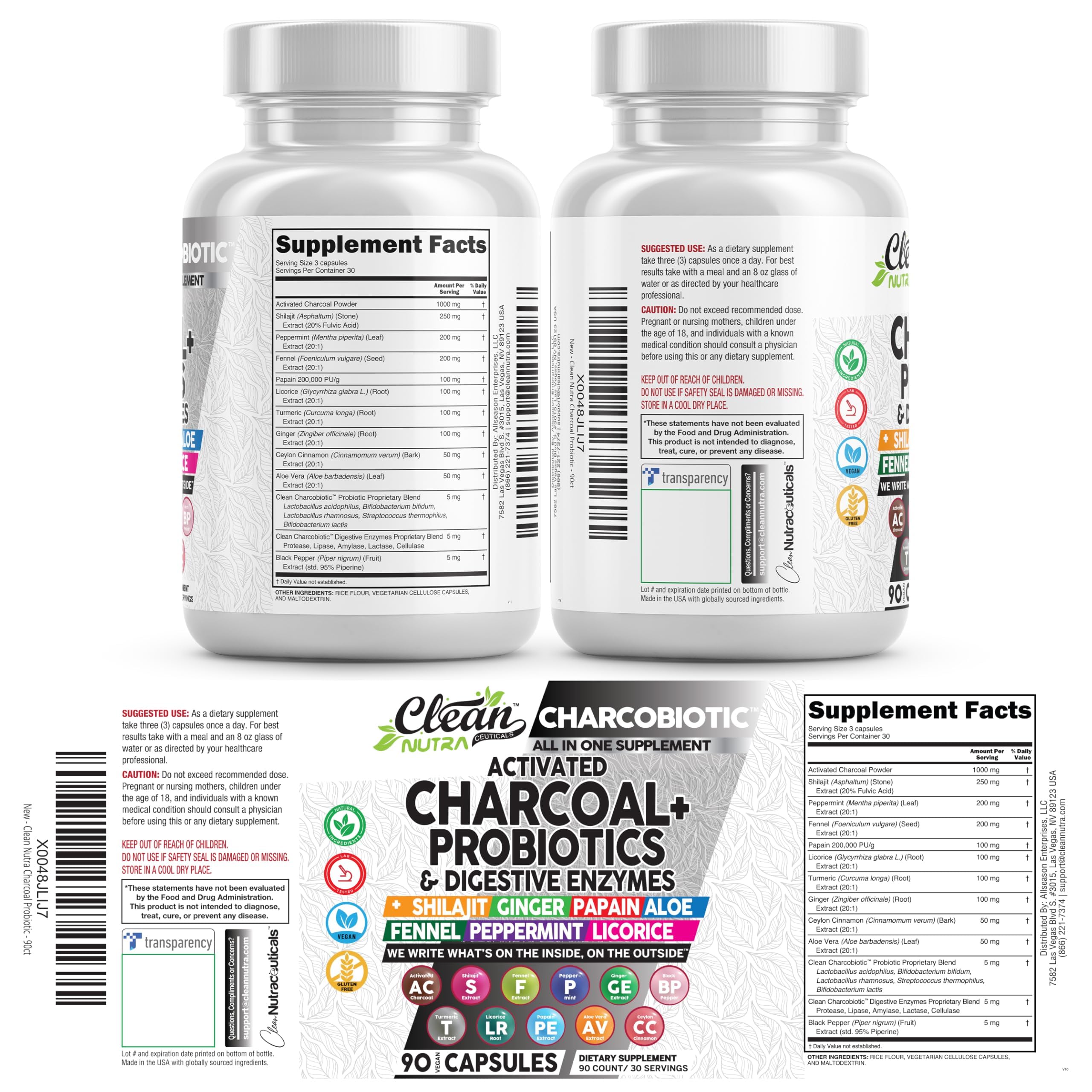 Activated Charcoal Pills for Gas Relief and Debloat, CharcoBiotic with Probiotics Digestive Enzymes Shilajit Peppermint Fennel Ginger Turmeric Licorice Root Aloe Vera Ceylon Cinnamon, Clean Nutra 90ct — Amazon image 9