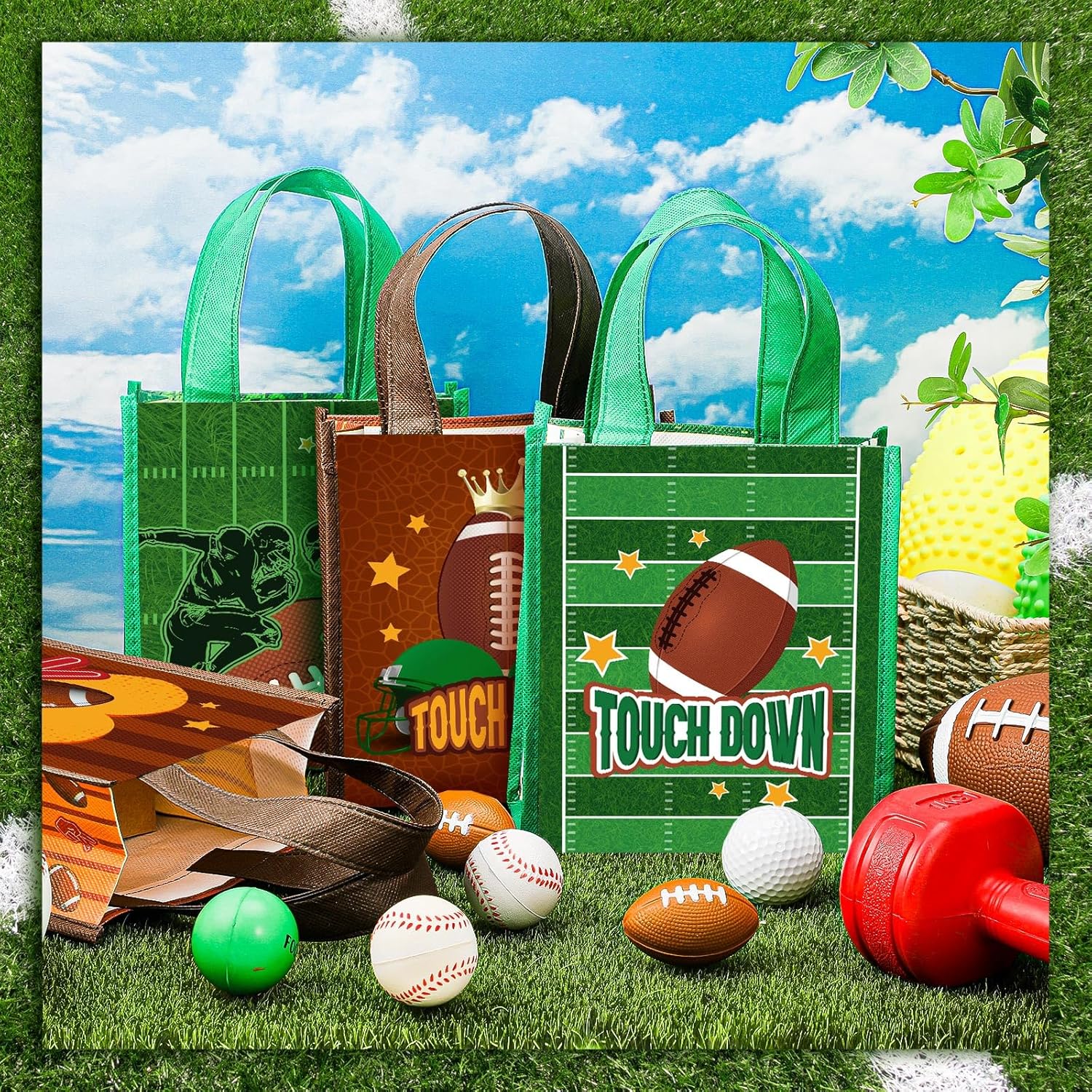 Estune 24 Pack Football Party Favor Tote Bags with Handles, Reusable Non-woven Goodie Treat Bags, Touchdown Sports Gift Bag for Football Birthday, Tailgate, Team Event Party Supplies - Image 6