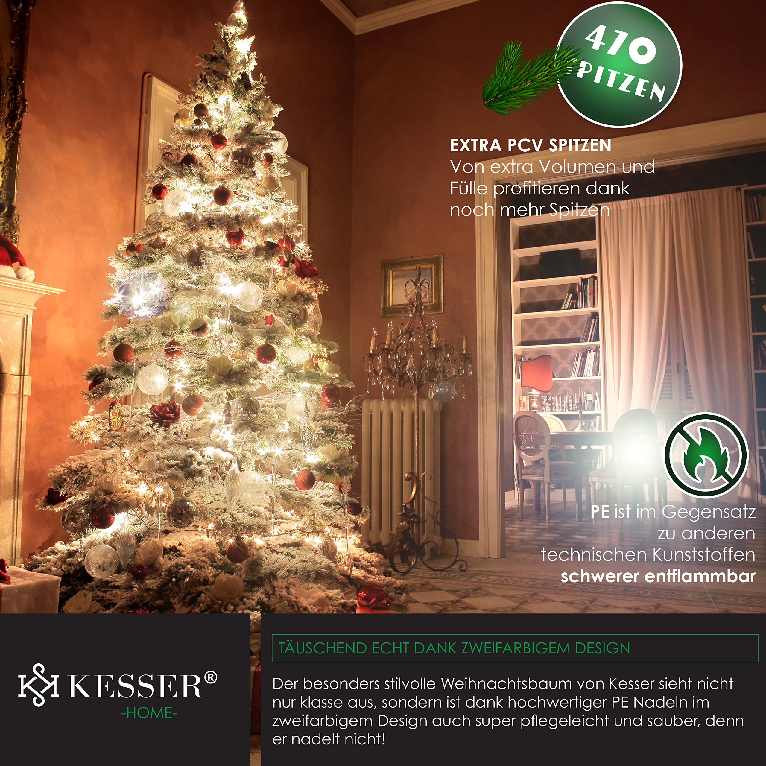 KESSER® Weihnachtsbaum künstlich 140 cm Schneezauber – Tannenzweige wie echt – naturgetreuer Tannenbaum mit Ständer, dichtes Bäumlein, realistischer Pine Tree, Weihnachtsdeko, Christbaum, Dunkelgrün