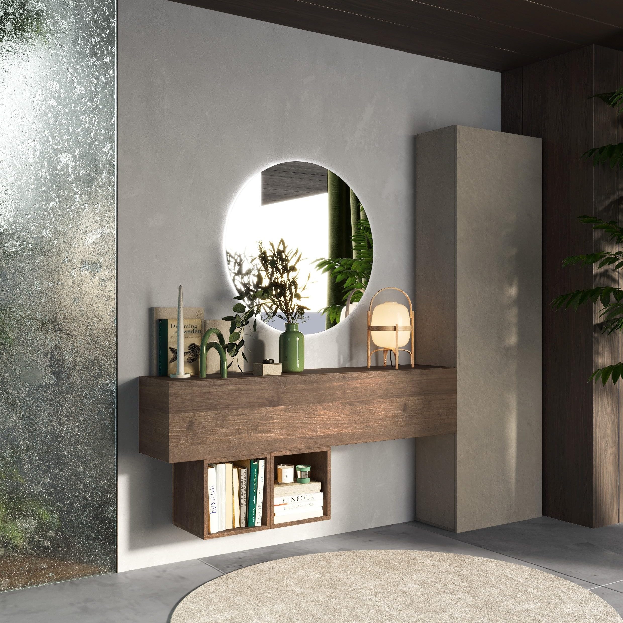 Mobile Ingresso Grande Moderno 192x186x30 cm Made in Italy - Mobiletto da Ingresso Componibile Salvaspazio con Ante Ribalta e Battente - Specchio Retroilluminato LED (Mercure e Argilla, Con Specchio)