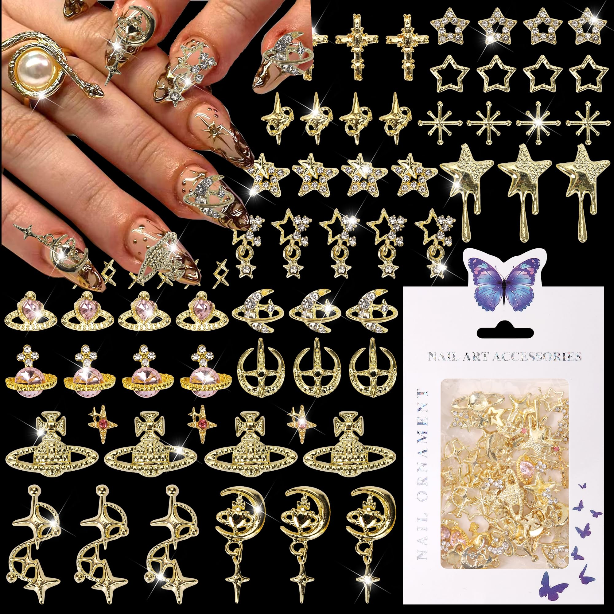COOSLIM 60PCS Gold Nail Charms Cross Star Charms for Nails 3D Saturn Planet Nail Jewelry Pink Nail Rhinestone Gems Mixed Style Y2K Nail Decoration Manicure Design Nail Accessories 2-image-20