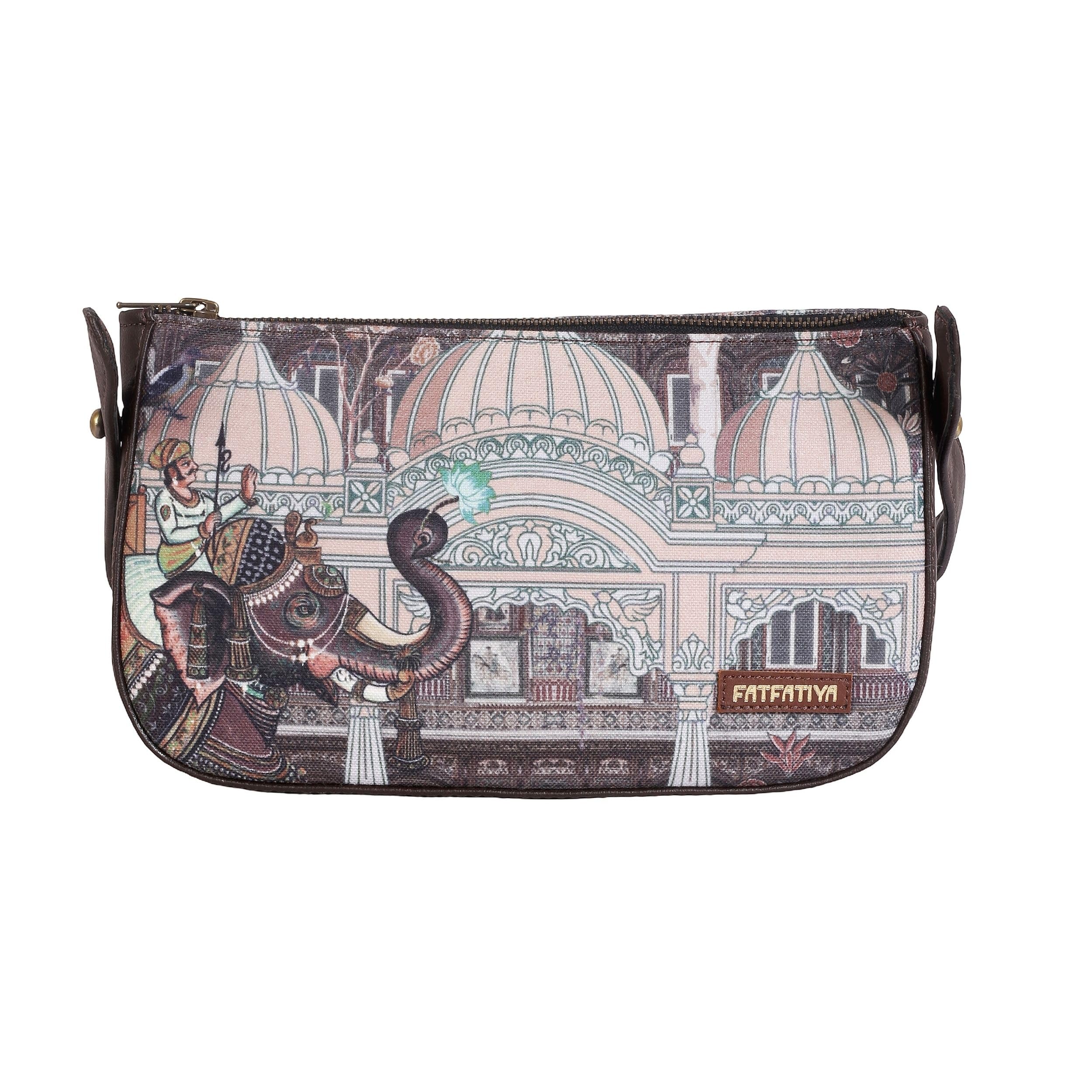 Elephant Print Shoulder Bag for Women – Rajasthani Architecture Art Ethnic Baguette Purse with Adjustable Strap-image-27
