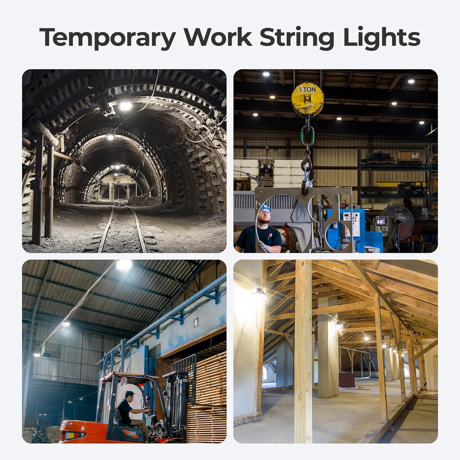 Aluminum Shell Construction String Lights：50FT 125W Linkable ETL Listed Super Bright LED Industrial Outdoor Temporary Lighting String Hanging Work Lights for Attic Jobsite