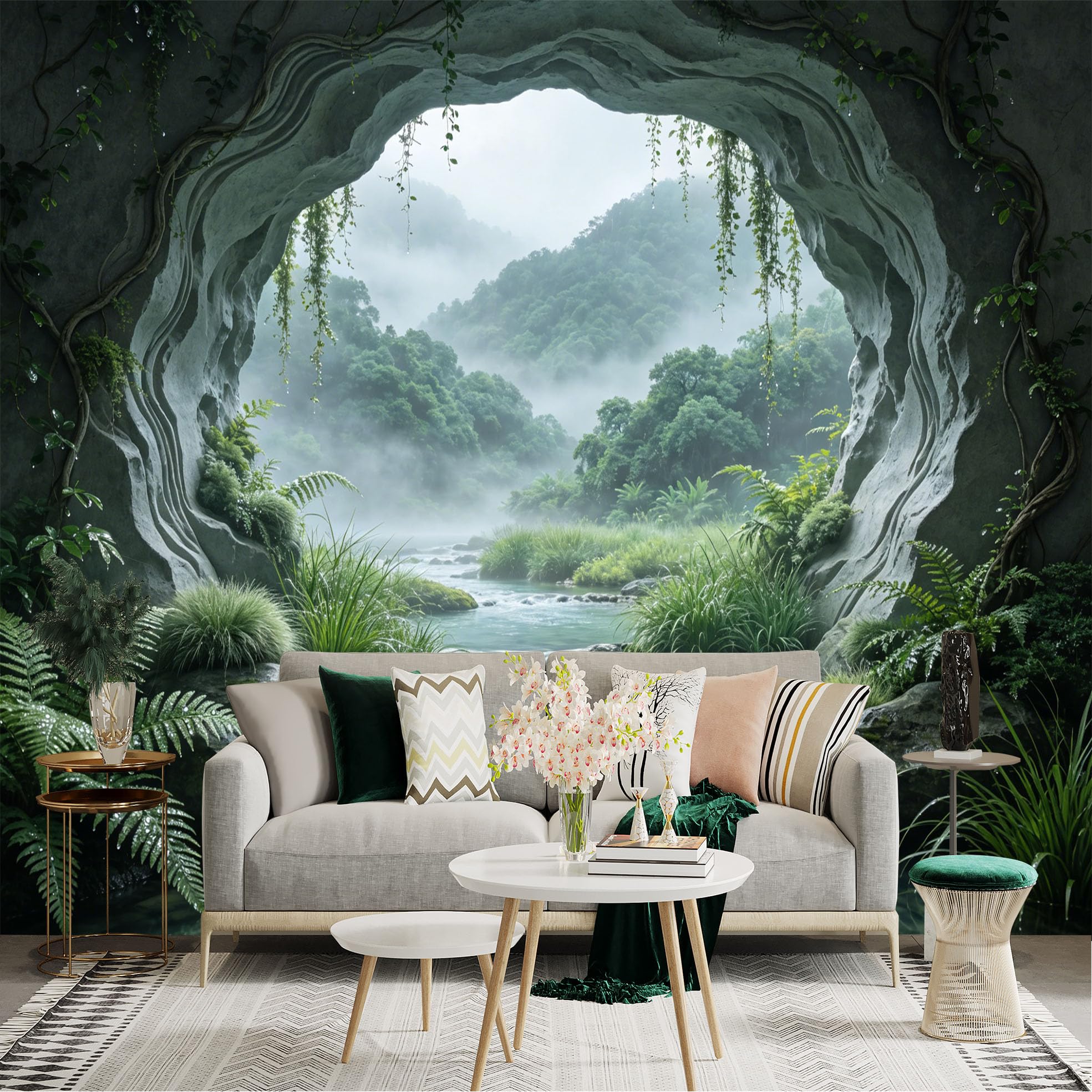 Custom Size Wall Sticker Mural， Misty Forest River View from Cave with Lush Greenery， for wall Decoration， peelandstick wall Decals.