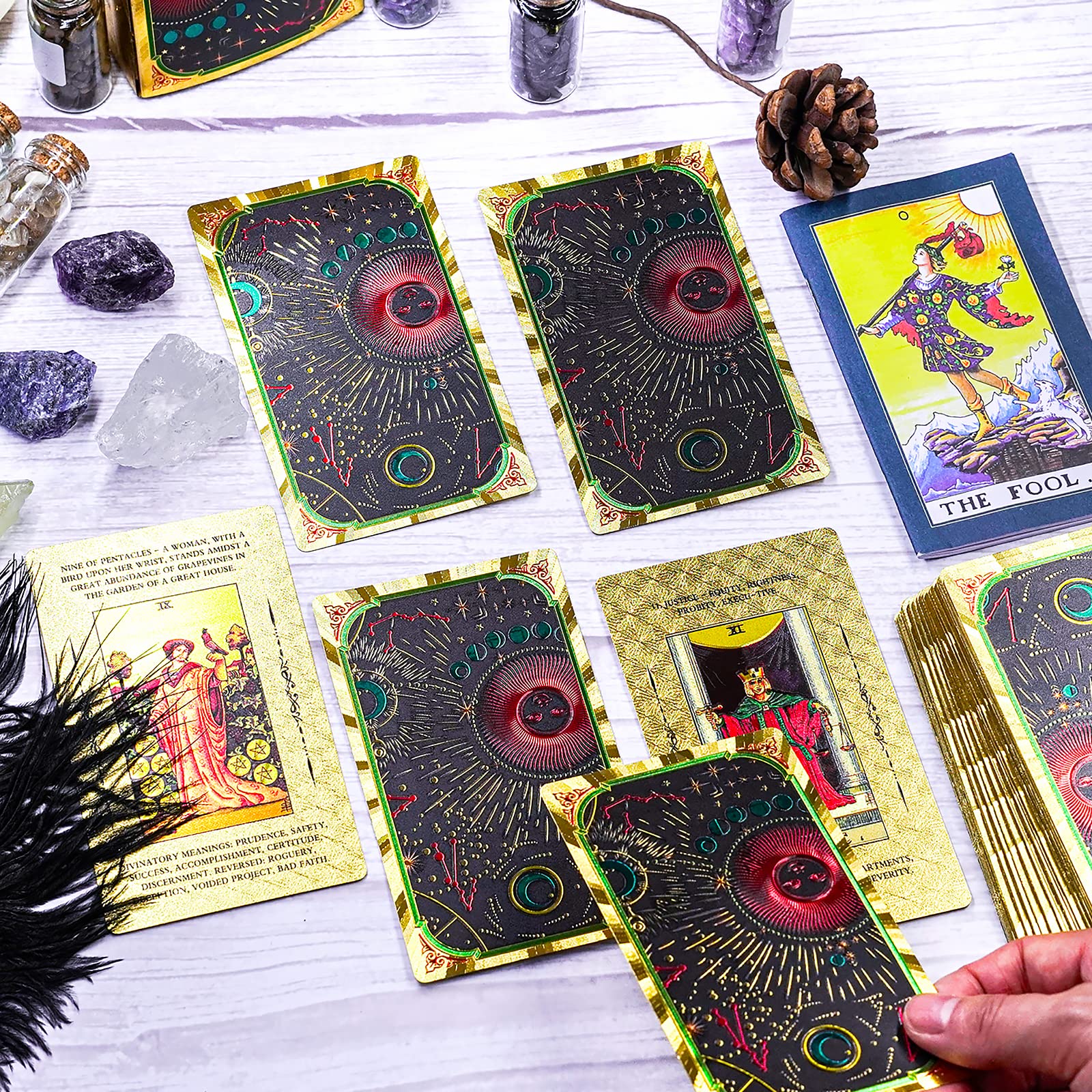 Reyox Baraja De Tarot De 78 Cartas Con Libro Guía En Inglés | Arcanos Mayores Y Menores Con Láminas Doradas | Ideal Para Principiantes