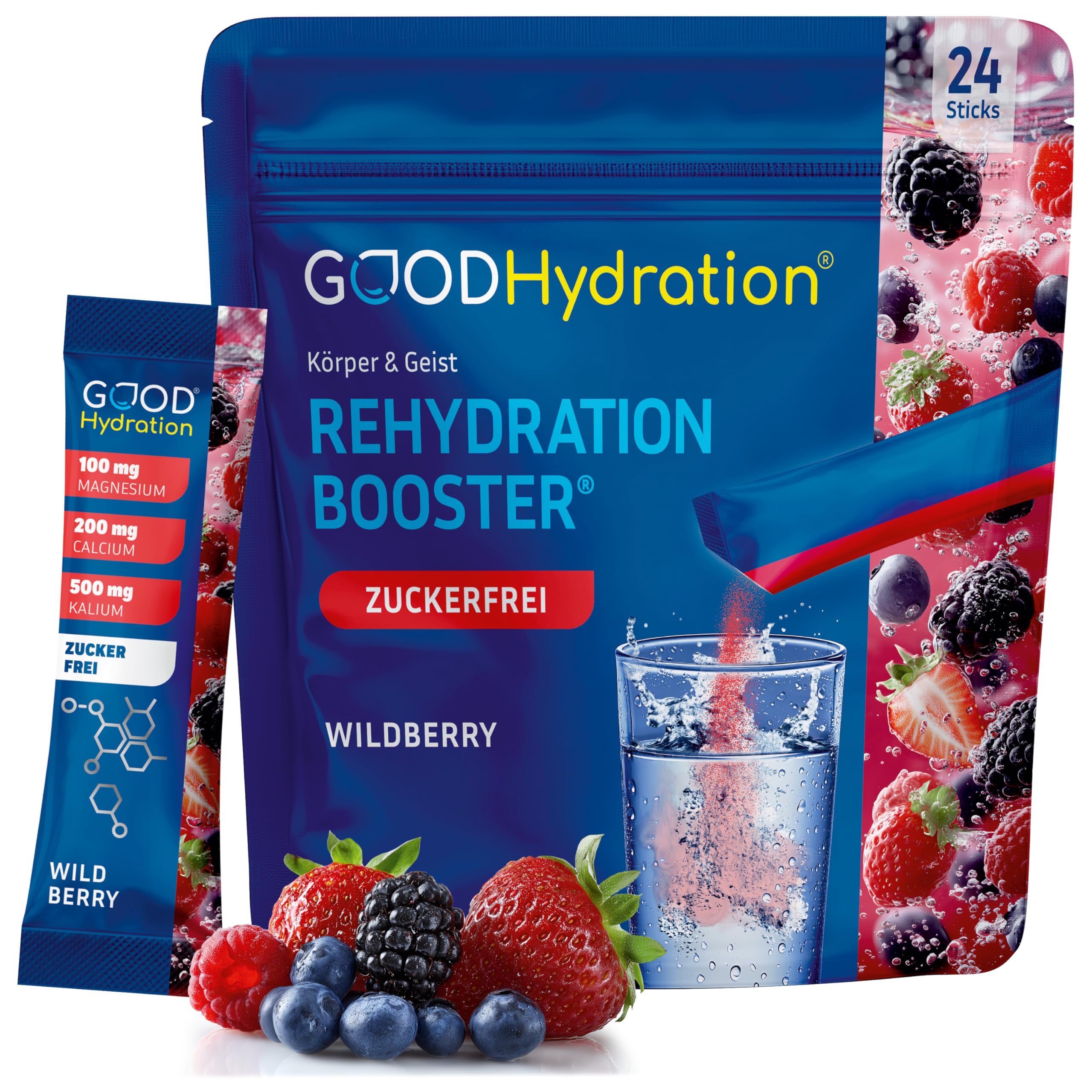 GOOD Hydration® Rehydration Booster WALDBEERE - 1.450mg Elektrolyte OHNE ZUCKER plus BCAA, Biotin und Vitamine - Elektrolyt Pulver zur Wasseraufnahme - für Sport, Arbeit & Party - 24 Sticks