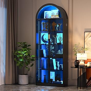 Arch Display Cabinet with Doors and Adjustable Shelves, 76" Tall Curio Cabinet with LED Lights/Storage Space, 6 Tier Display Case Bookcase for Collectibles Bedroom Living Room Office, Black
