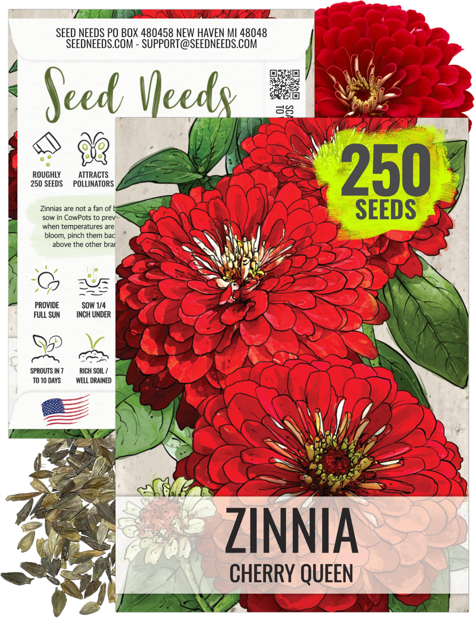 250+ Cherry Queen Zinnia Seeds - Non-GMO, Fresh, For Flower Gardens, Full Sun, Perennial