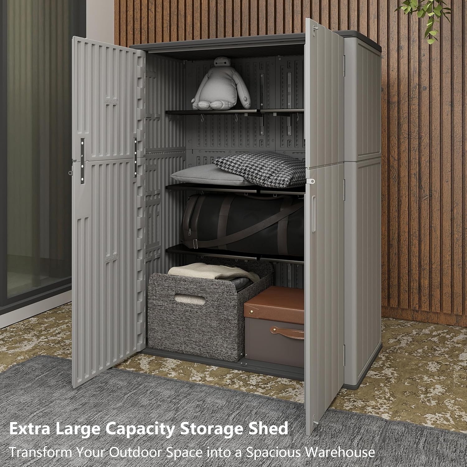 Multi-Function Gray Storage Tower, Measuring 52x28x69 Inches - A Weatherproof Solution for Organizing Tall Tools and Storage