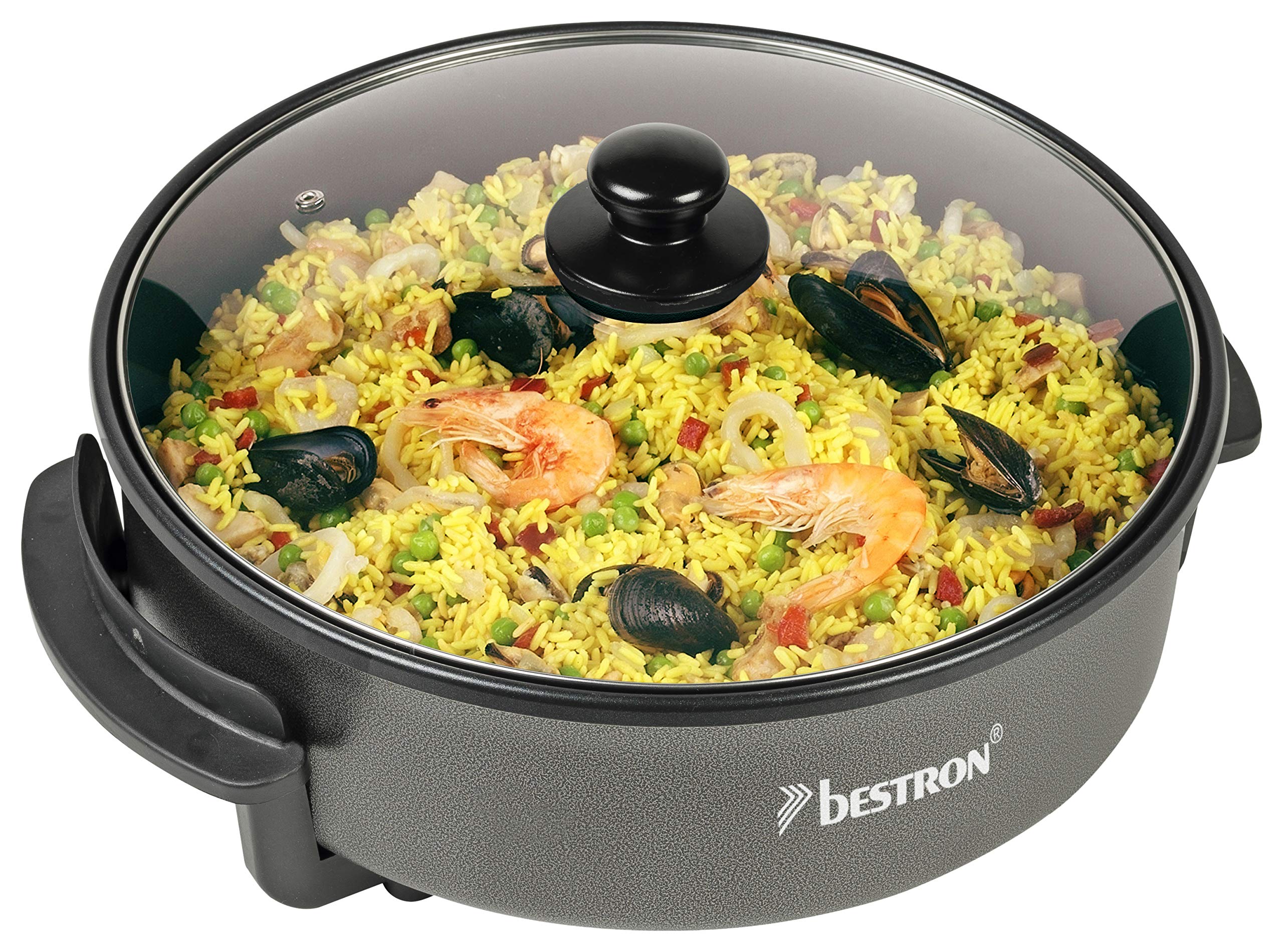 Bestron Poêle électrique de fête XL, grande poêle multifonction Ø32cm avec couvercle en verre, revêtement antiadhésif, 1500 watts, AHP1500Z, Couleur: noir