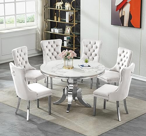 Miniatura 10 de Juego de mesa de comedor redonda de mármol blanco para 6, mesa de comedor redonda de lujo de mármol de 45 pulgadas con 6 sillas de terciopelo azul,