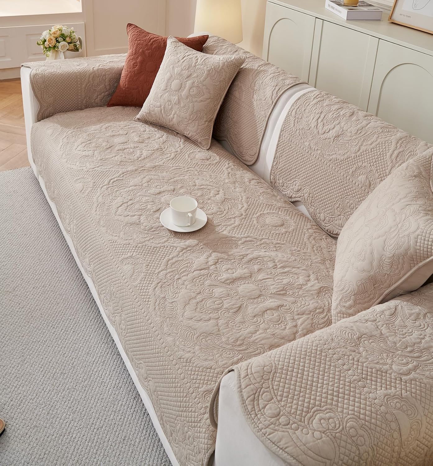 vctops Boho Cotton Quilted Couch Cover Soft Embroidered Sofa Cover Non-Slip Dog Bed Cover Scalloped Sofa Slipcover Washable Furniture Protector Cover (Khaki,36"x36")