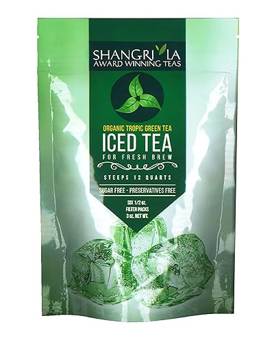 Shangri-La Tea Company Bolsas de té helado, verde tropical orgánico, sin azúcar y totalmente natural, prepara 2 cuartos por bolsa de té, (6
