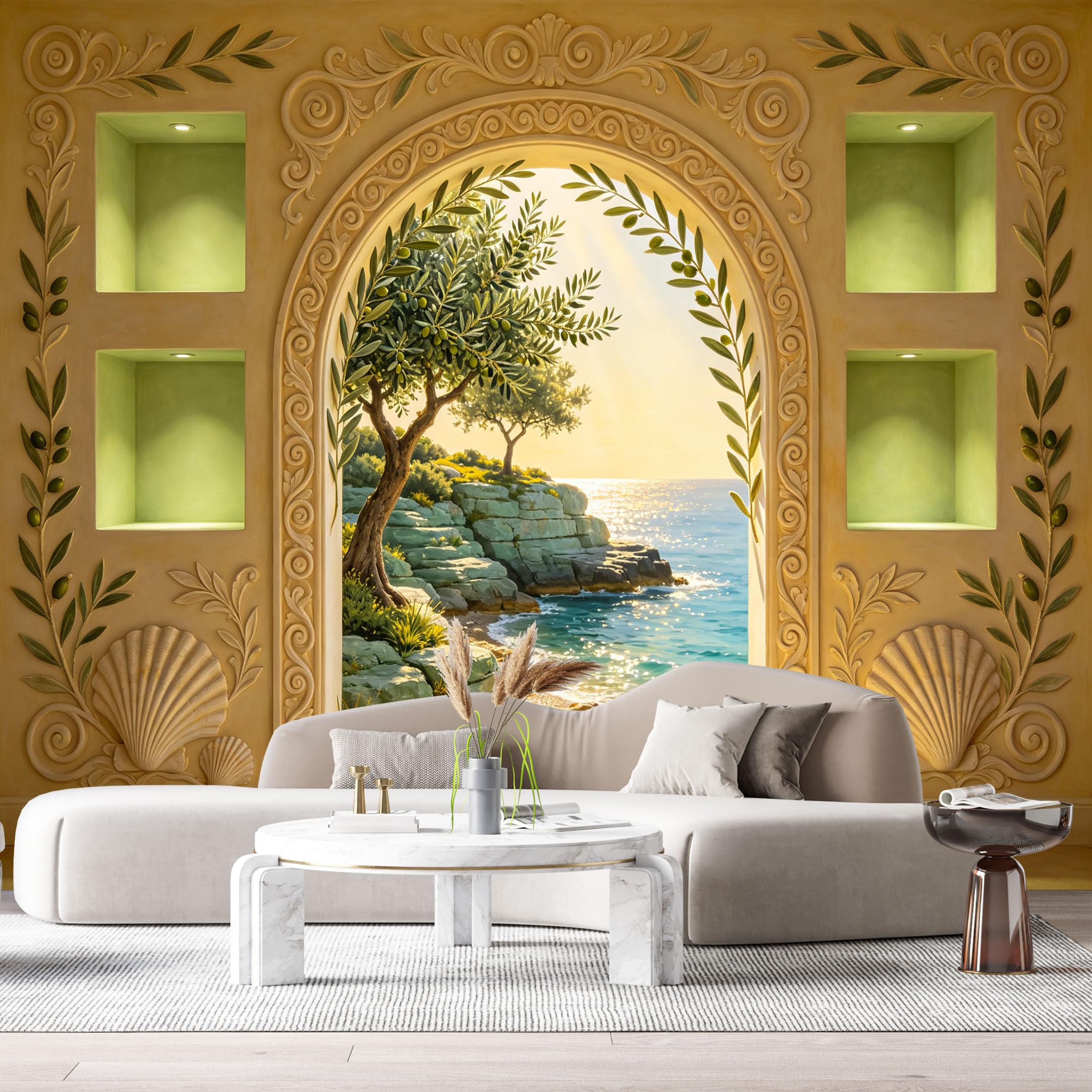 Custom Size Wall Murals Mediterranean Coastal Landscape Neoclassical Seashell Olive Tree 3D Trompe L'Oeil SelfAdhesiveWall Fabric Removable Wallpaper Wall Decor for Living Room Bedroom