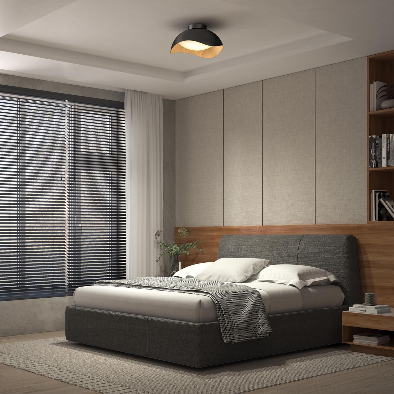 artika Adara Modern Flush Mount Ceiling Light Fixture, Black and Wood Finish