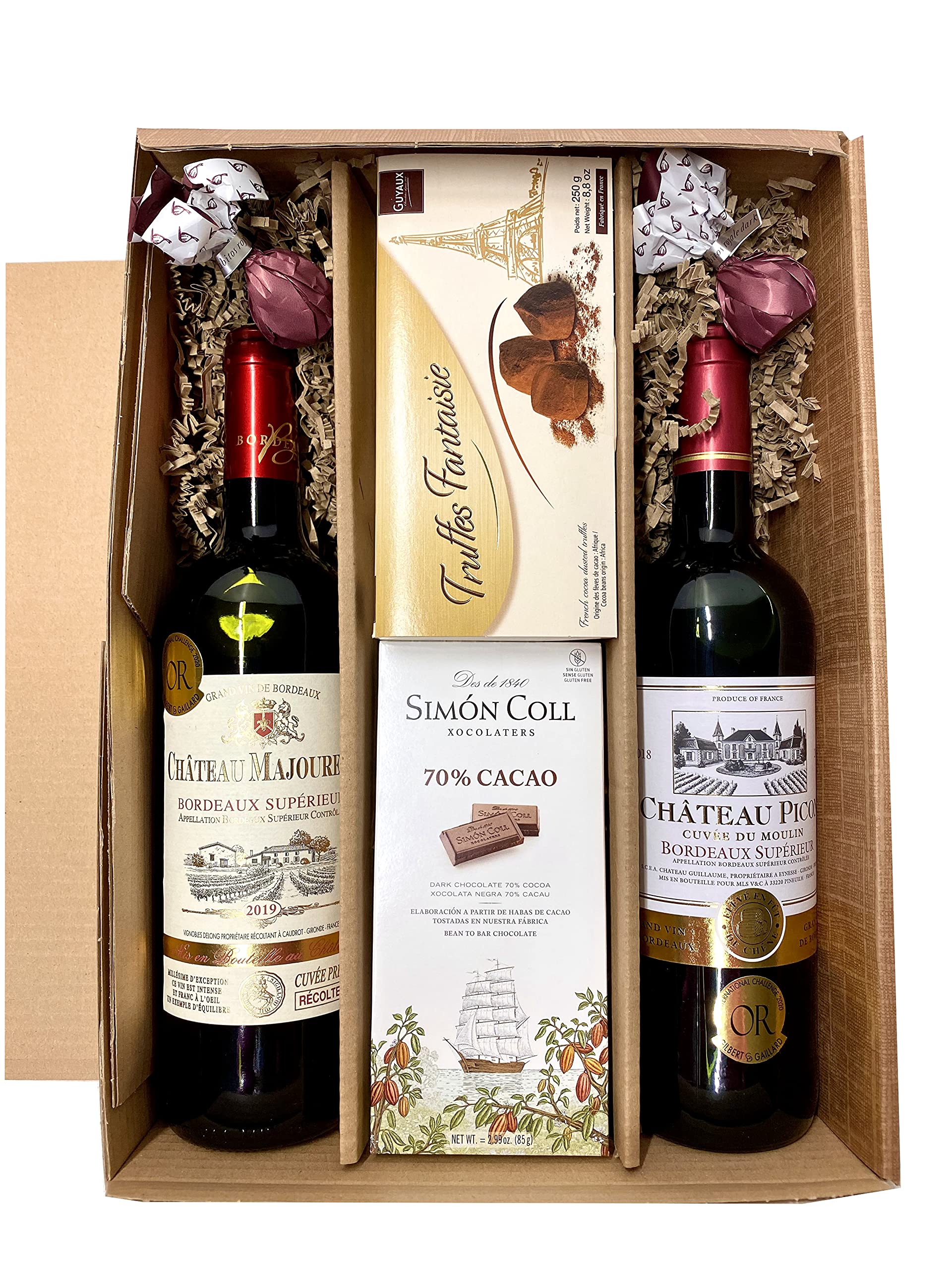 Geschenkset französische Genüsse | mit französischem Rotwein (Bordeaux) trocken | Schokoladen-Trüffel | Zartbitterschokolade | 2 x Feigen in Schokolade | Präsentkorb für Männer und Frauen