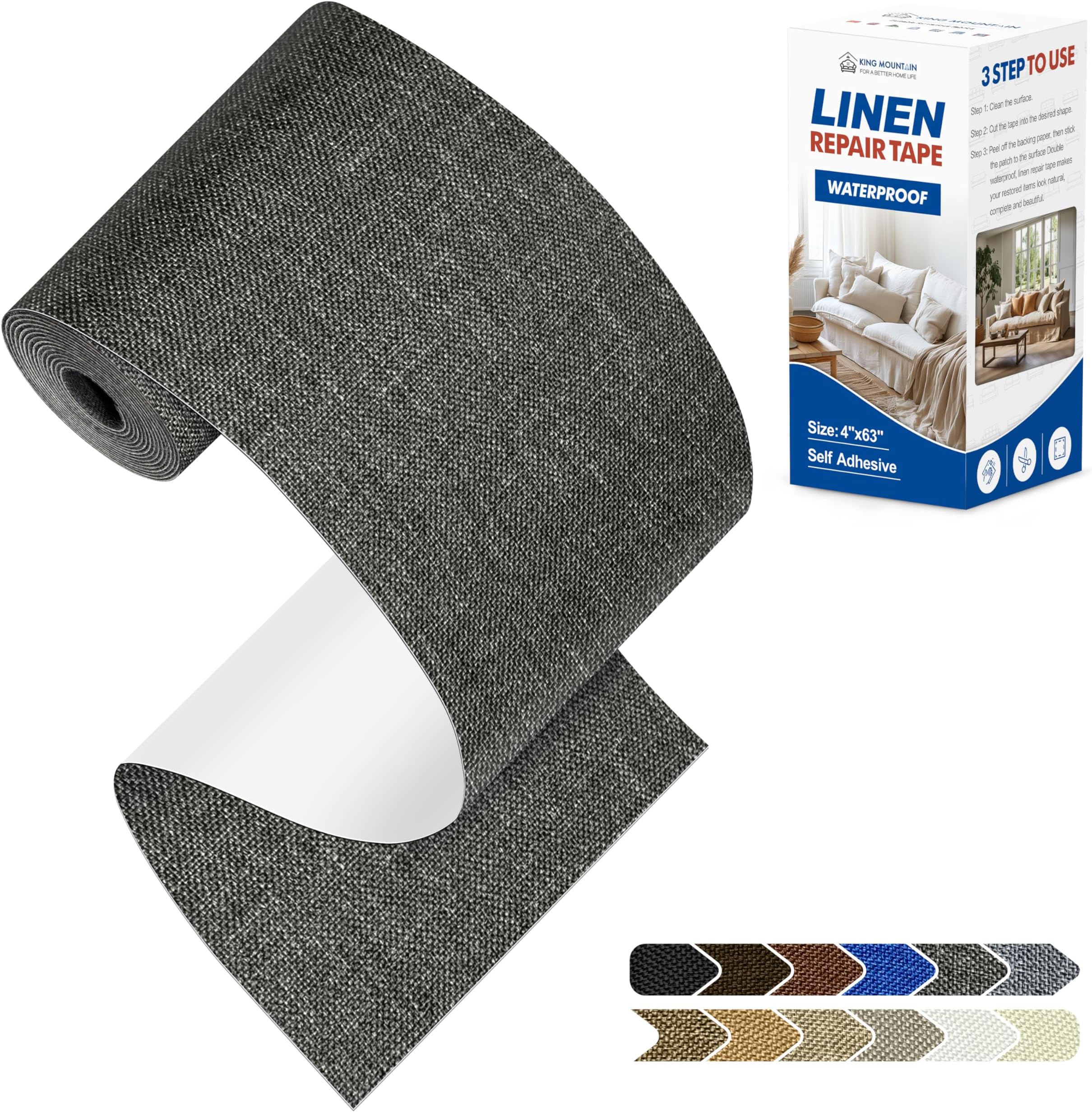 KING MOUNTAIN Fabric Repair Tape Patch Kit, Waterproof 4" x 63" Linen Mending Tape ，Self Adhesive Fabric Repair Patches for Furniture and Linen Goods(Dark Grey)
